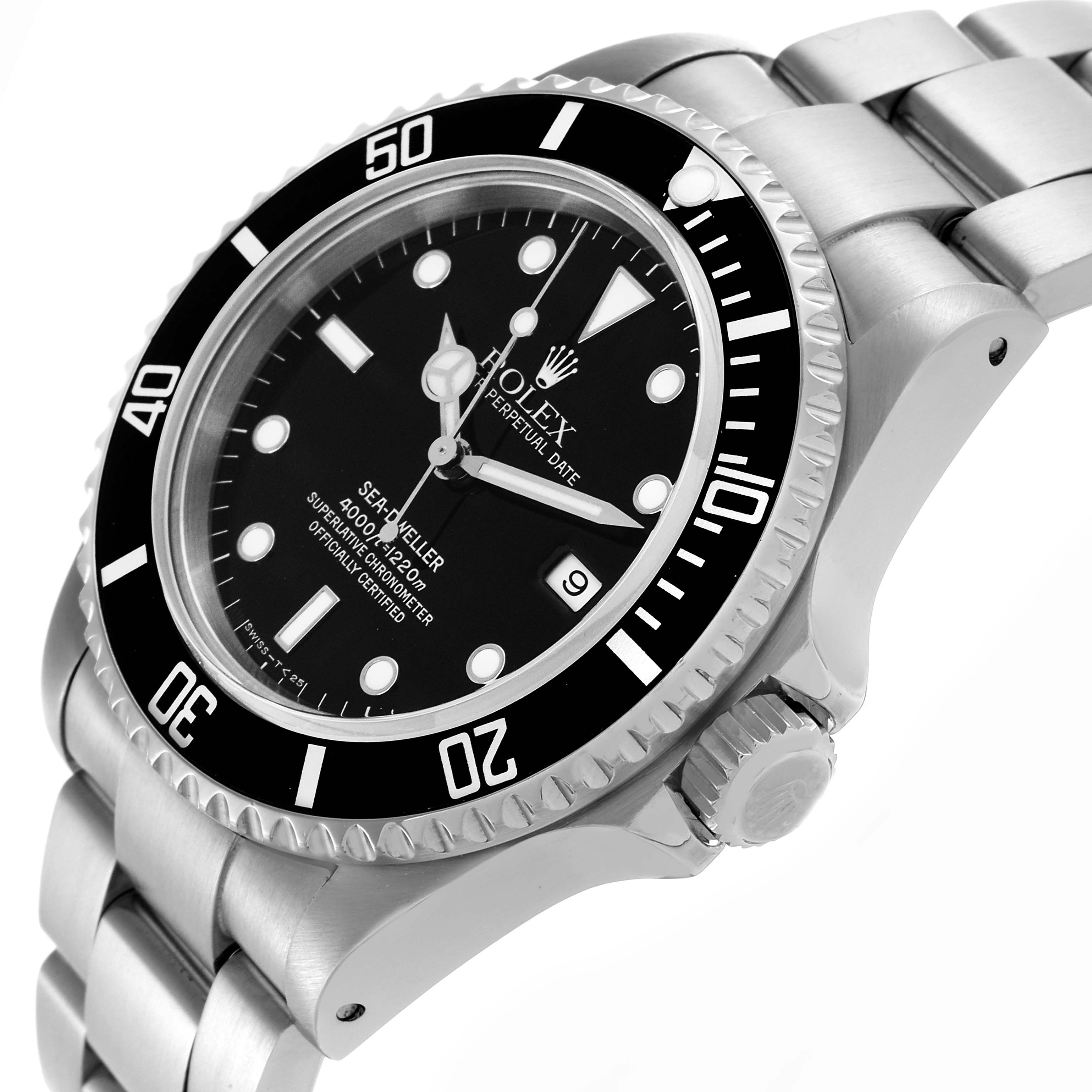 The Rolex Sea-Dweller 16600 Men's Stainless Steel Black Dial 16600 Men's Stainless Steel Black Dial watch is shown from a side angle, highlighting the bezel, crown, and part of the bracelet.