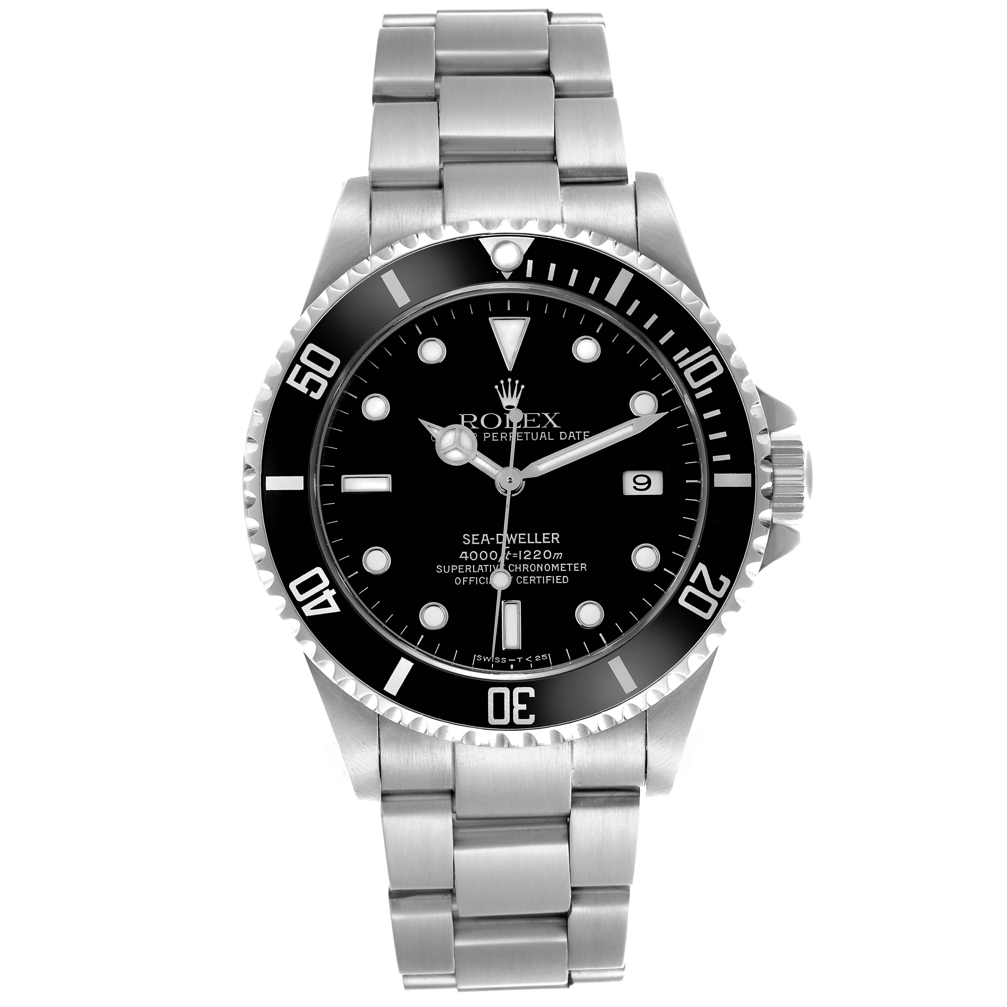 The Rolex Sea-Dweller 16600 Men's Stainless Steel Black Dial 16600 Men's Stainless Steel Black Dial watch is shown from the front, displaying the dial, bezel, and bracelet.