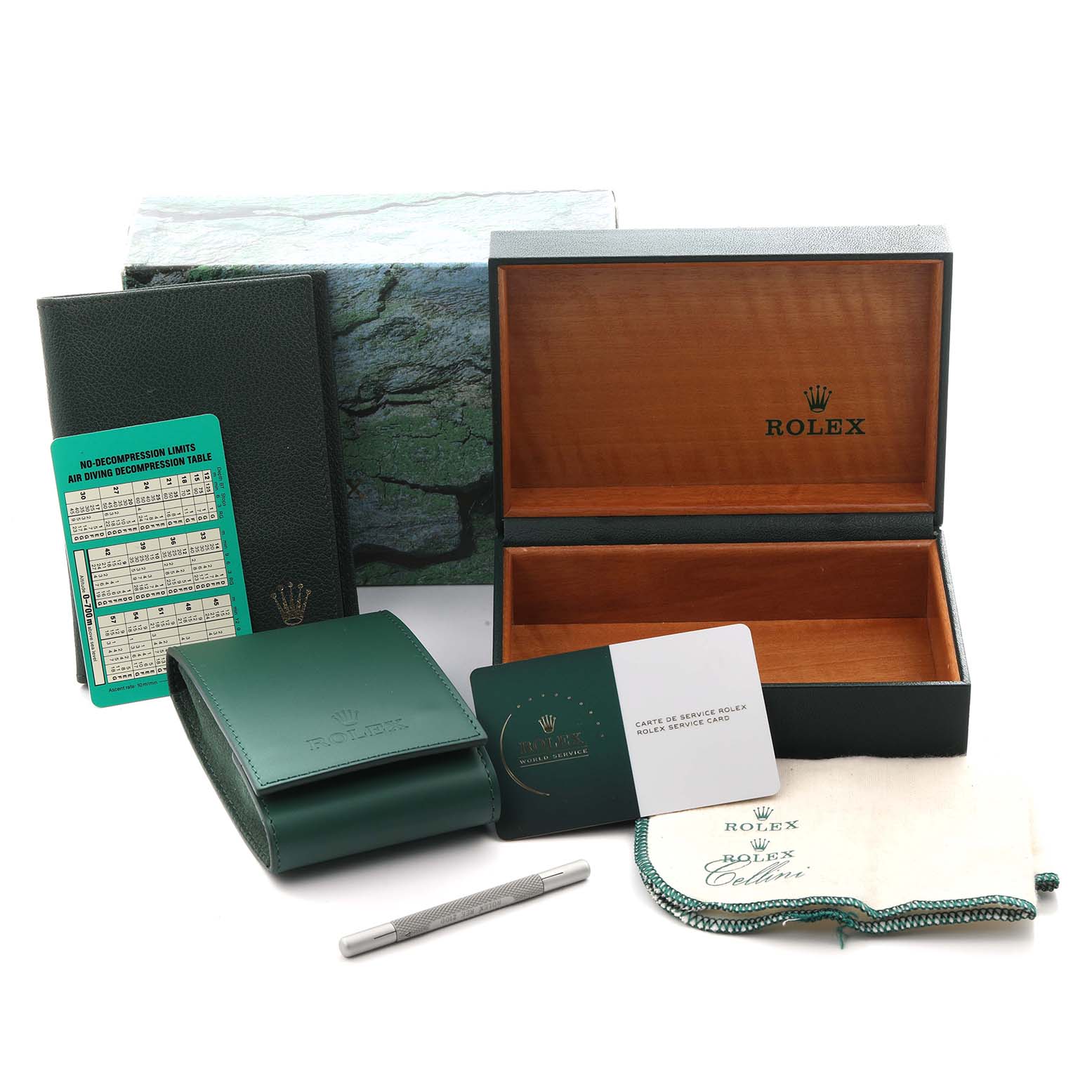 The image shows the Rolex Sea-Dweller 16600 Men's Stainless Steel Black Dial 16600 Men's Stainless Steel Black Dial packaging, including the box, pouch, cards, and a tool.