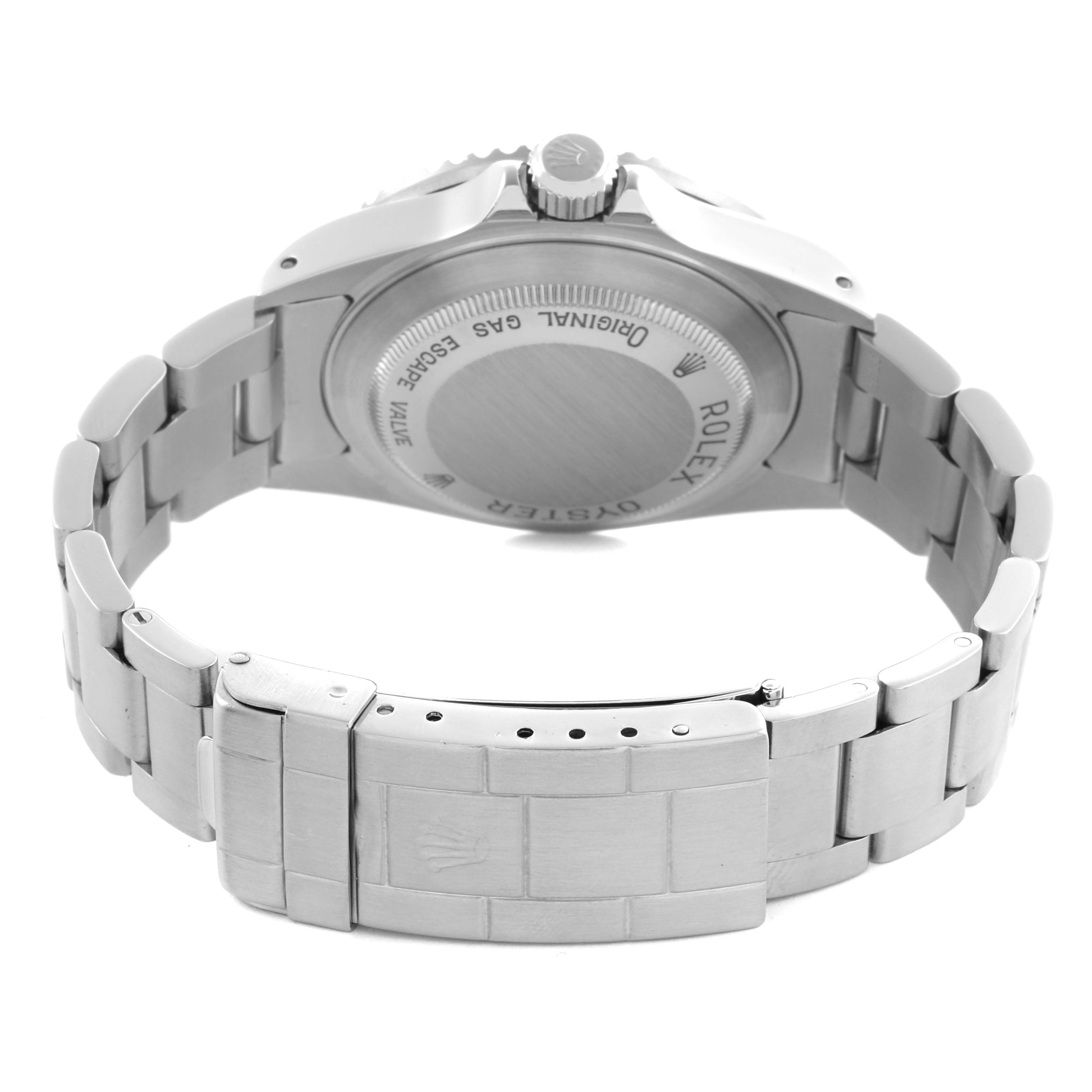 The Rolex Sea-Dweller 16600 Men's Stainless Steel Black Dial 16600 Men's Stainless Steel Black Dial watch is shown from the back, highlighting the case back, crown, and bracelet clasp.