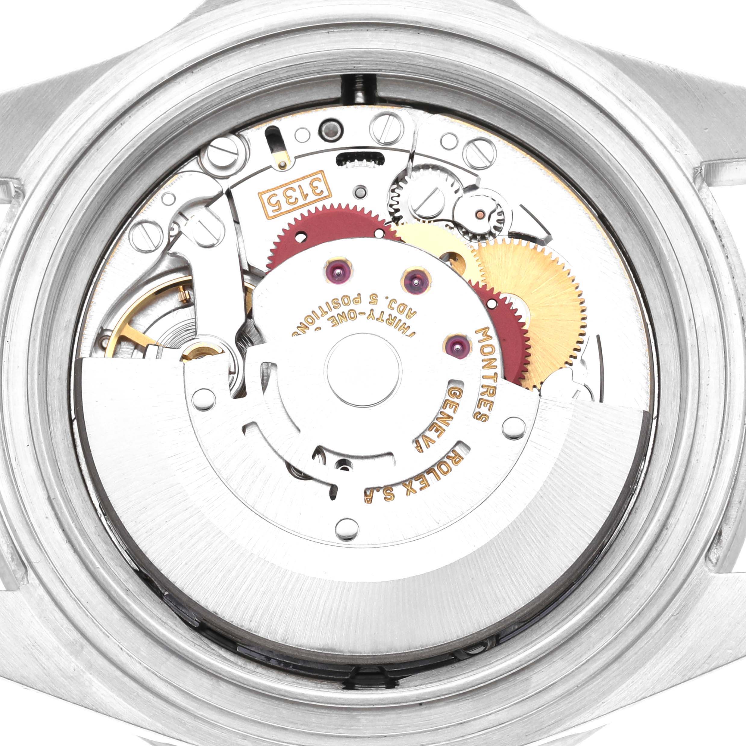 This image shows the internal mechanics of a Rolex Sea-Dweller 16600 Men's Stainless Steel Black Dial 16600 Men's Stainless Steel Black Dial watch, viewed from the back, highlighting gears and the rotor.