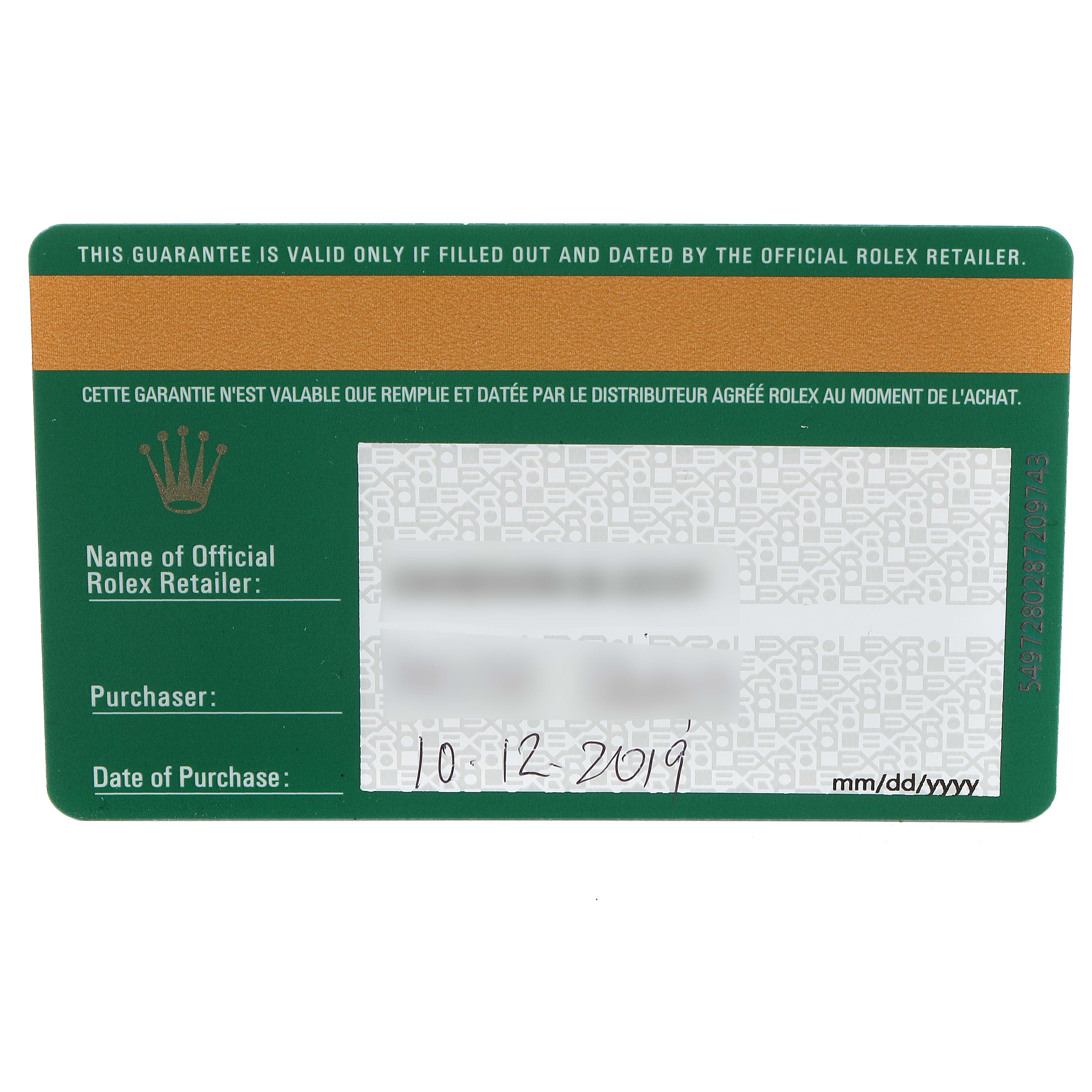 The image shows a warranty card for the Rolex Sea-Dweller 126600 Men
s Stainless Steel Black Dial 126600 Men
s Stainless Steel Black Dial watch, displaying purchase details and the official retailer
s information.