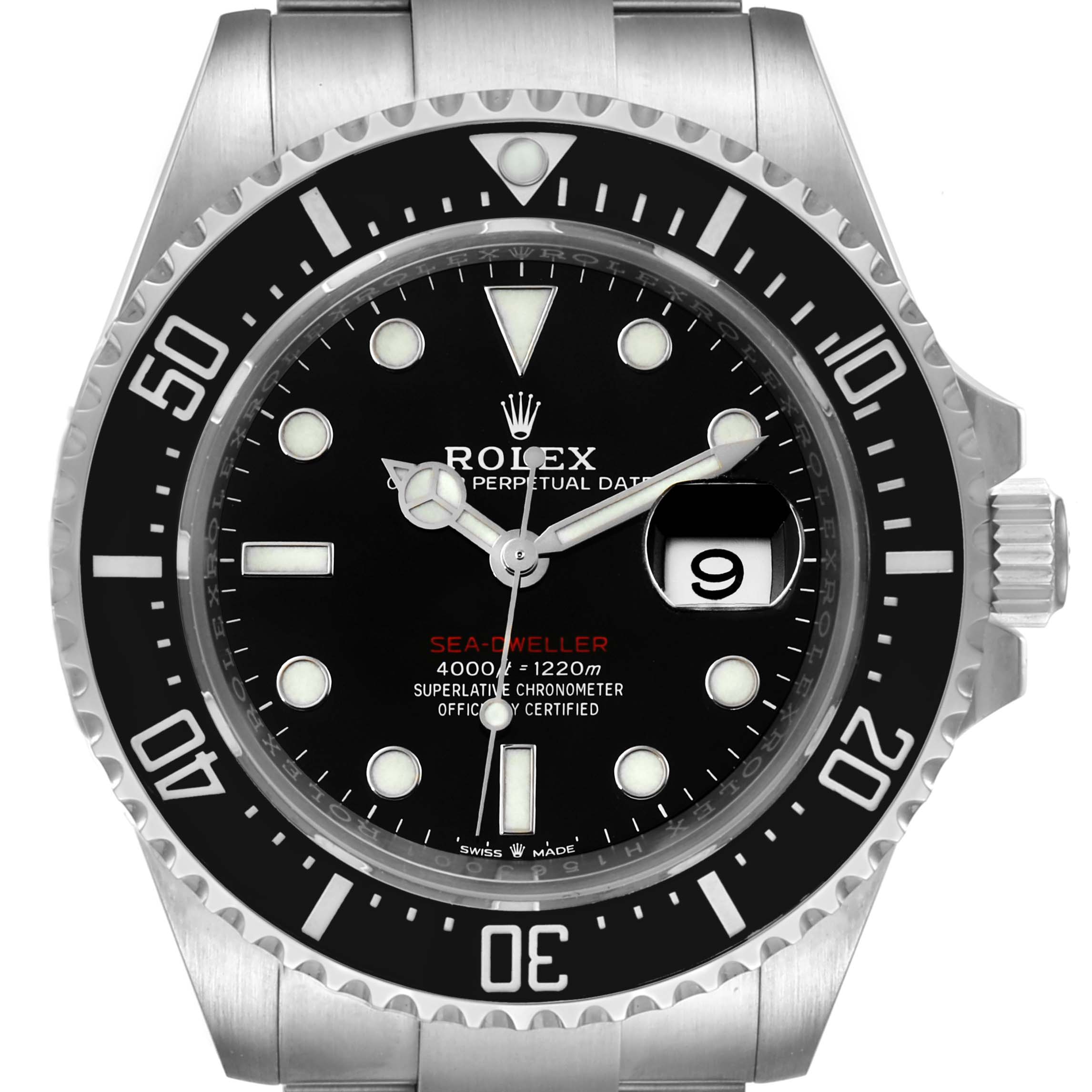 This image shows a front view of the Rolex Sea-Dweller 126600 Men
s Stainless Steel Black Dial 126600 Men
s Stainless Steel Black Dial watch, highlighting its dial, bezel, and date window.