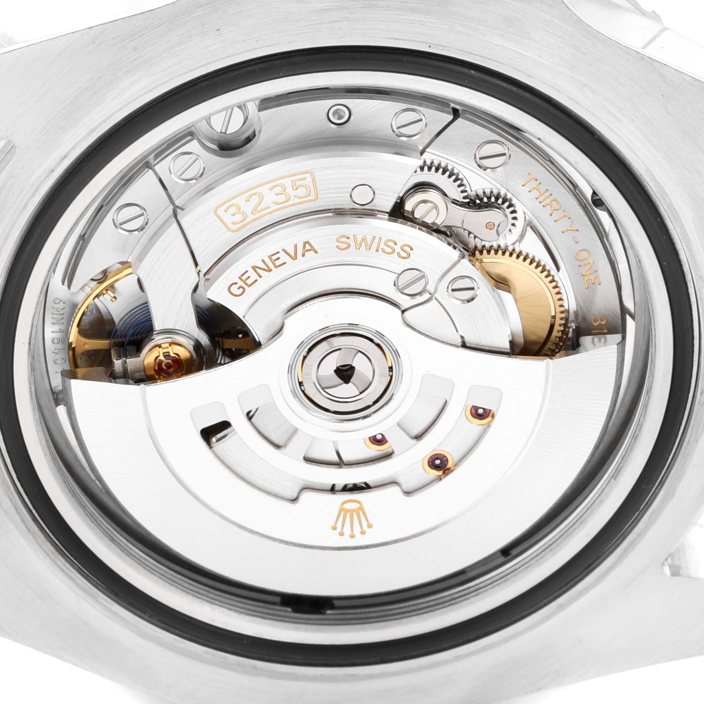 This image shows the intricate movement mechanisms of the Rolex Sea-Dweller 126600 Men
s Stainless Steel Black Dial 126600 Men
s Stainless Steel Black Dial watch from a rear angle.