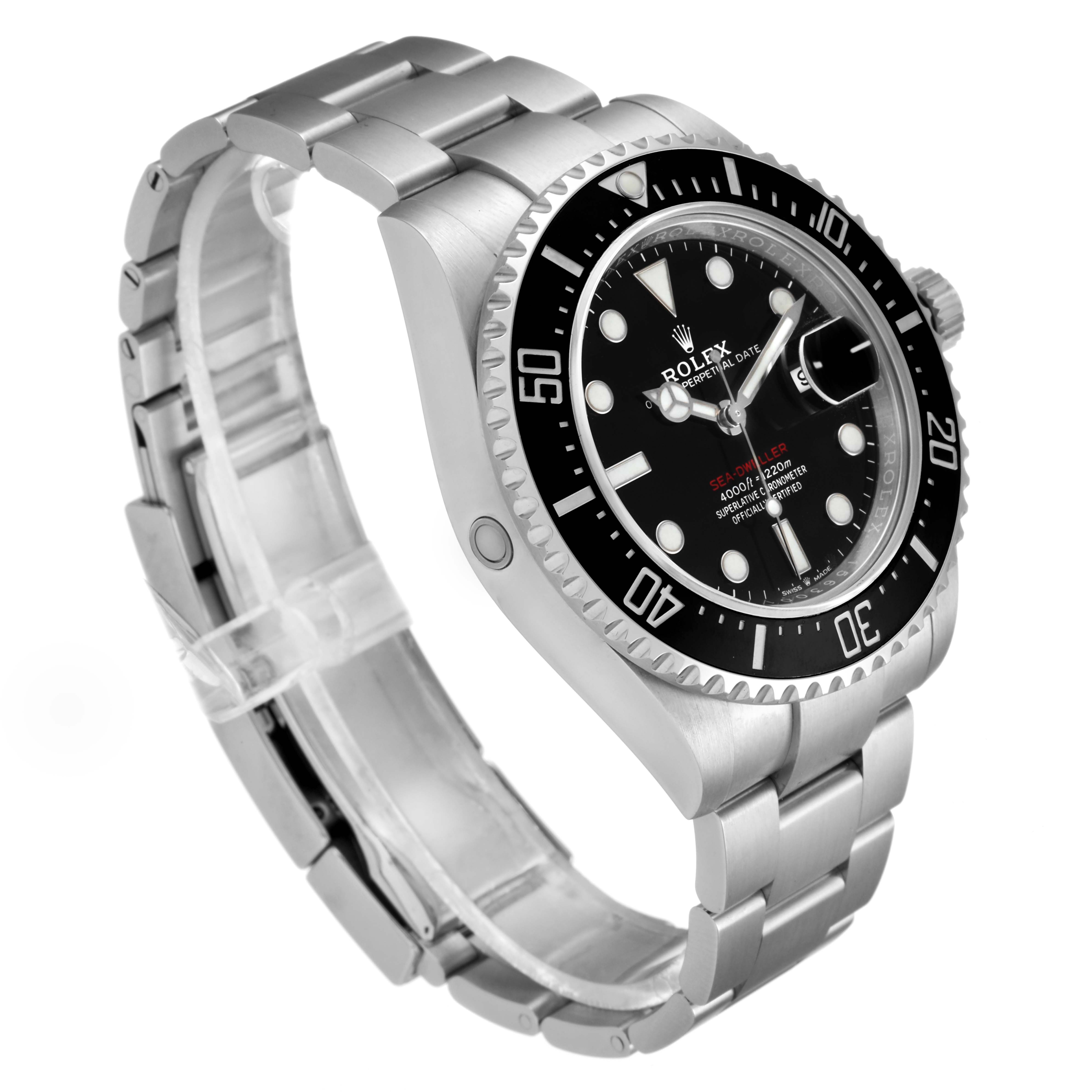 The Rolex Sea-Dweller 126600 Men
s Stainless Steel Black Dial 126600 Men
s Stainless Steel Black Dial watch is shown at an angled side view, displaying the bracelet, bezel, and face with clear hour markers and hands.