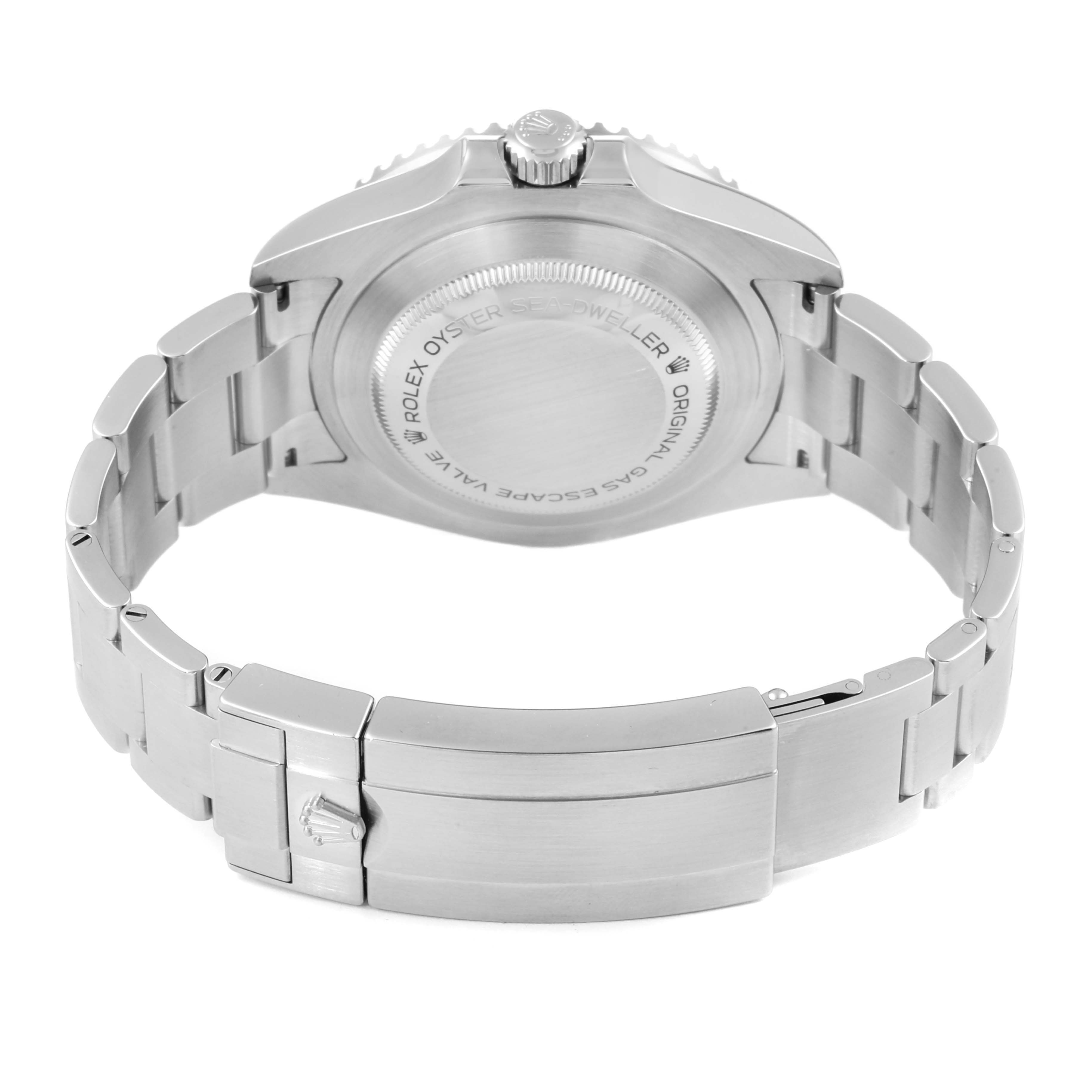 This image shows the back and bracelet clasp of a Rolex Sea-Dweller 126600 Men
s Stainless Steel Black Dial 126600 Men
s Stainless Steel Black Dial watch, highlighting the case back and stainless steel links.
