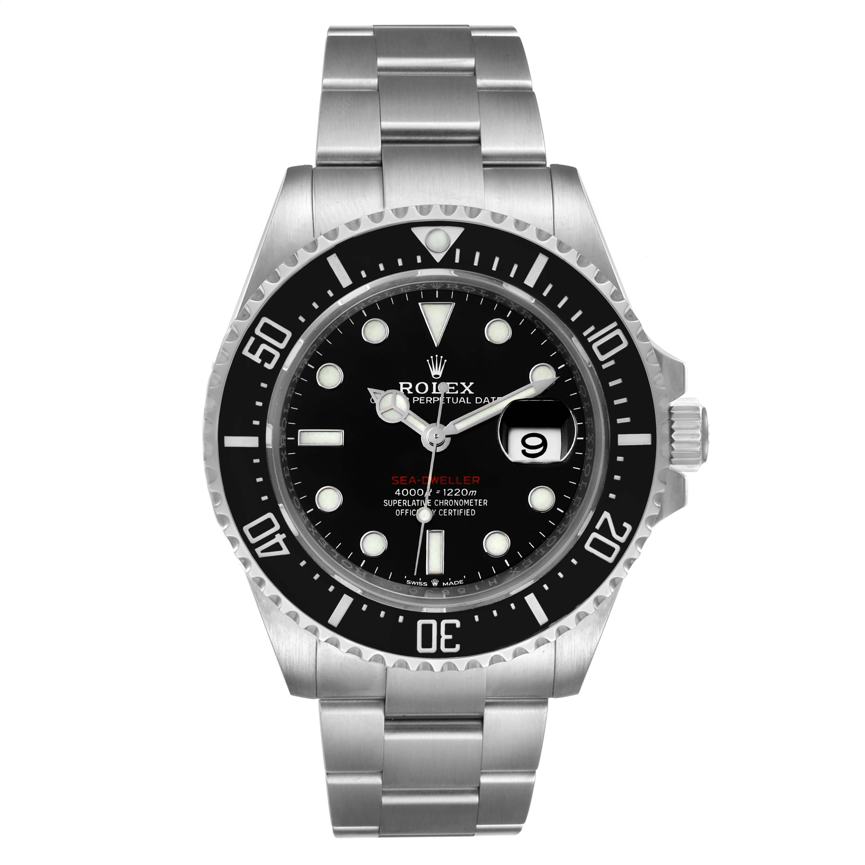 The Rolex Sea-Dweller 126600 Men
s Stainless Steel Black Dial 126600 Men
s Stainless Steel Black Dial watch is shown from the front, highlighting its face, bezel, and stainless steel bracelet.