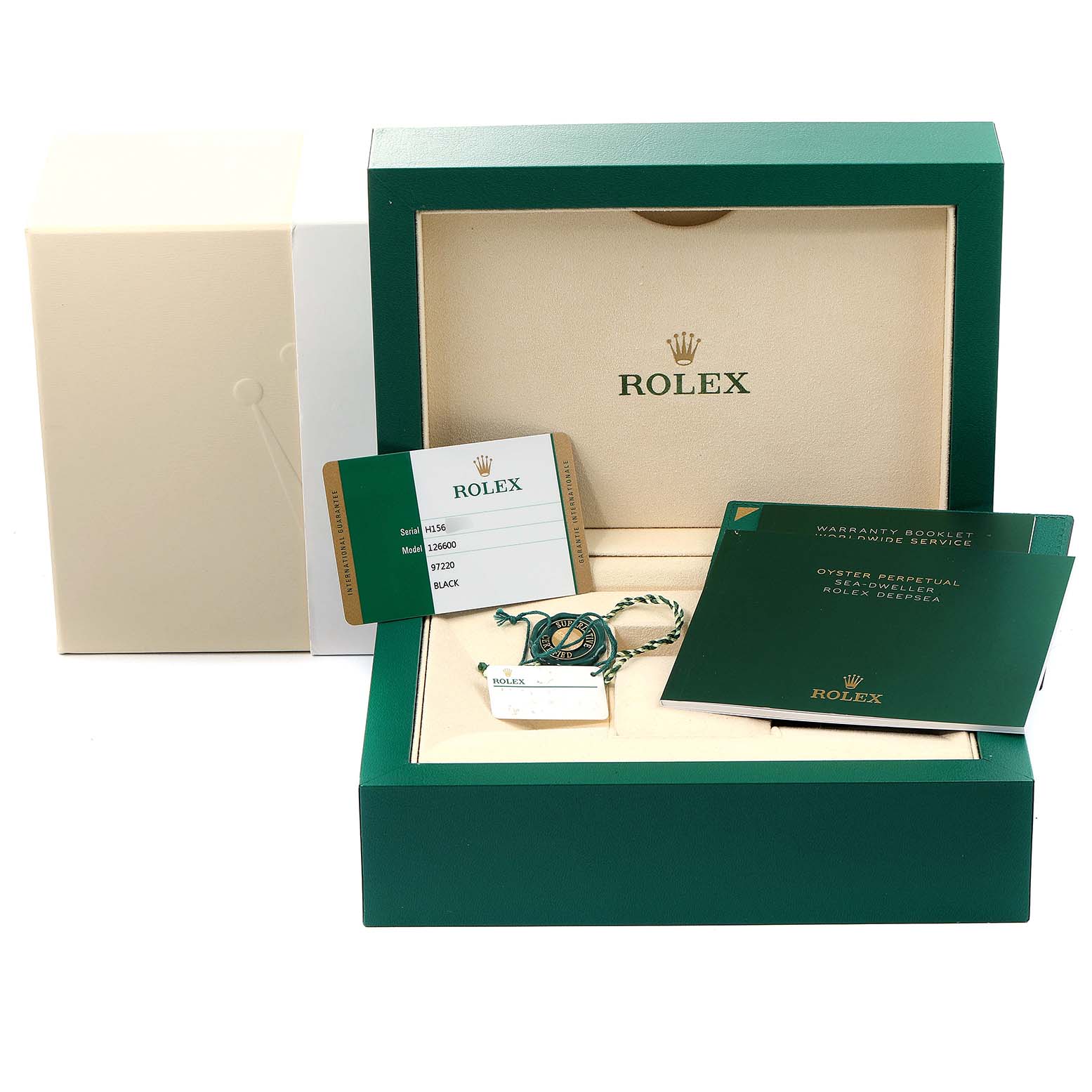The image shows the packaging, warranty card, tags, and booklets for the Rolex Sea-Dweller 126600 Men
s Stainless Steel Black Dial 126600 Men
s Stainless Steel Black Dial watch.