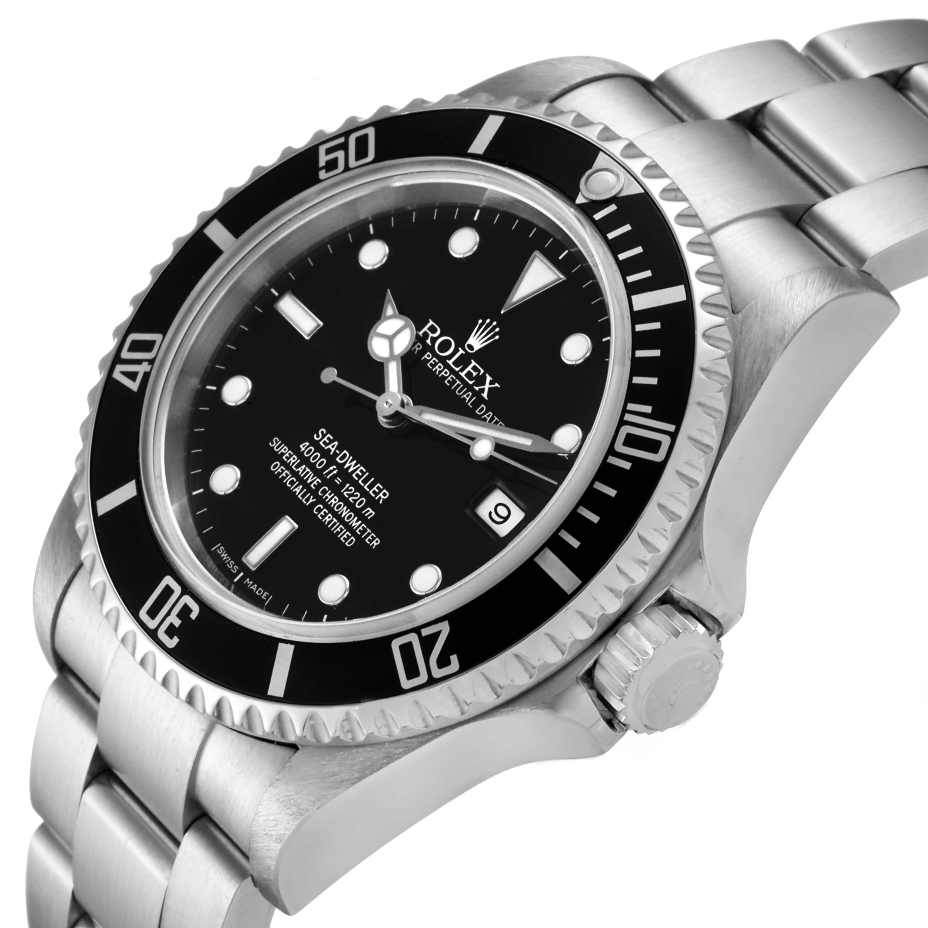 The image shows a side angle of a Rolex Sea-Dweller 16600 Men
s Stainless Steel Black Dial 16600 Men
s Stainless Steel Black Dial watch, highlighting the bezel, dial, crown, and bracelet.