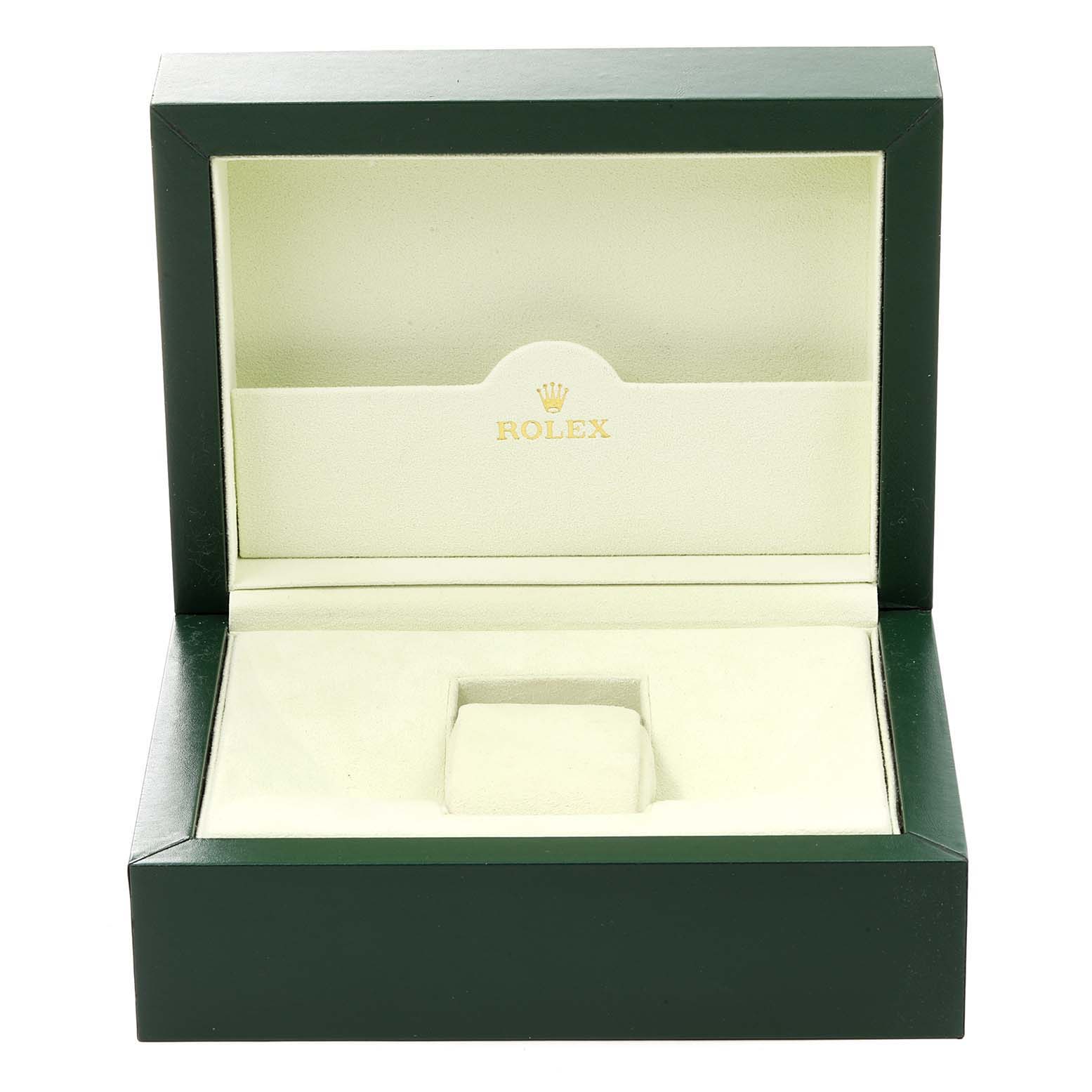 This image shows an open green and cream box for the Rolex Sea-Dweller 16600 Men
s Stainless Steel Black Dial 16600 Men
s Stainless Steel Black Dial model, viewed from the front.