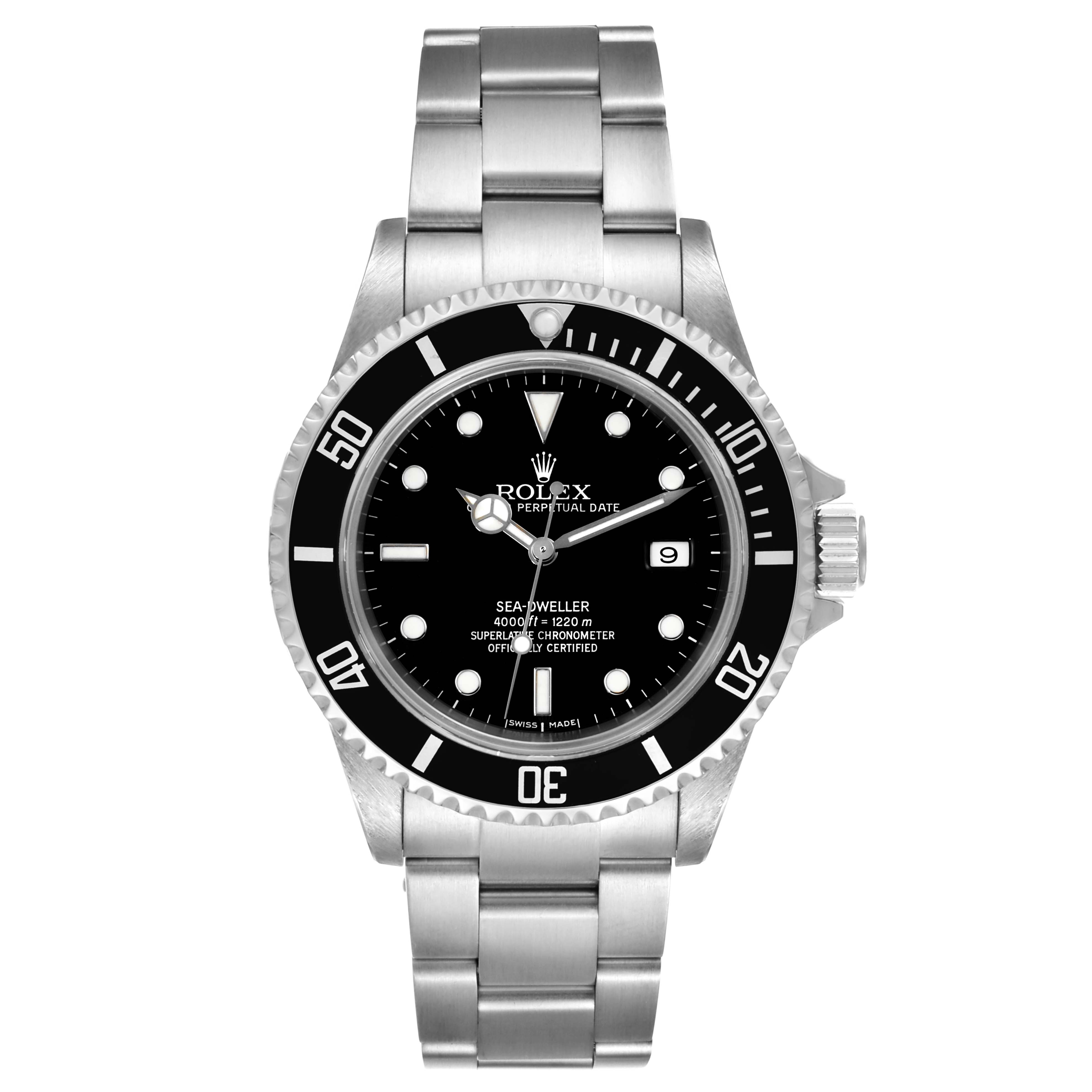 This Rolex Sea-Dweller 16600 Men
s Stainless Steel Black Dial 16600 Men
s Stainless Steel Black Dial watch is shown from a front angle, displaying its face, bezel, bracelet, and crown.