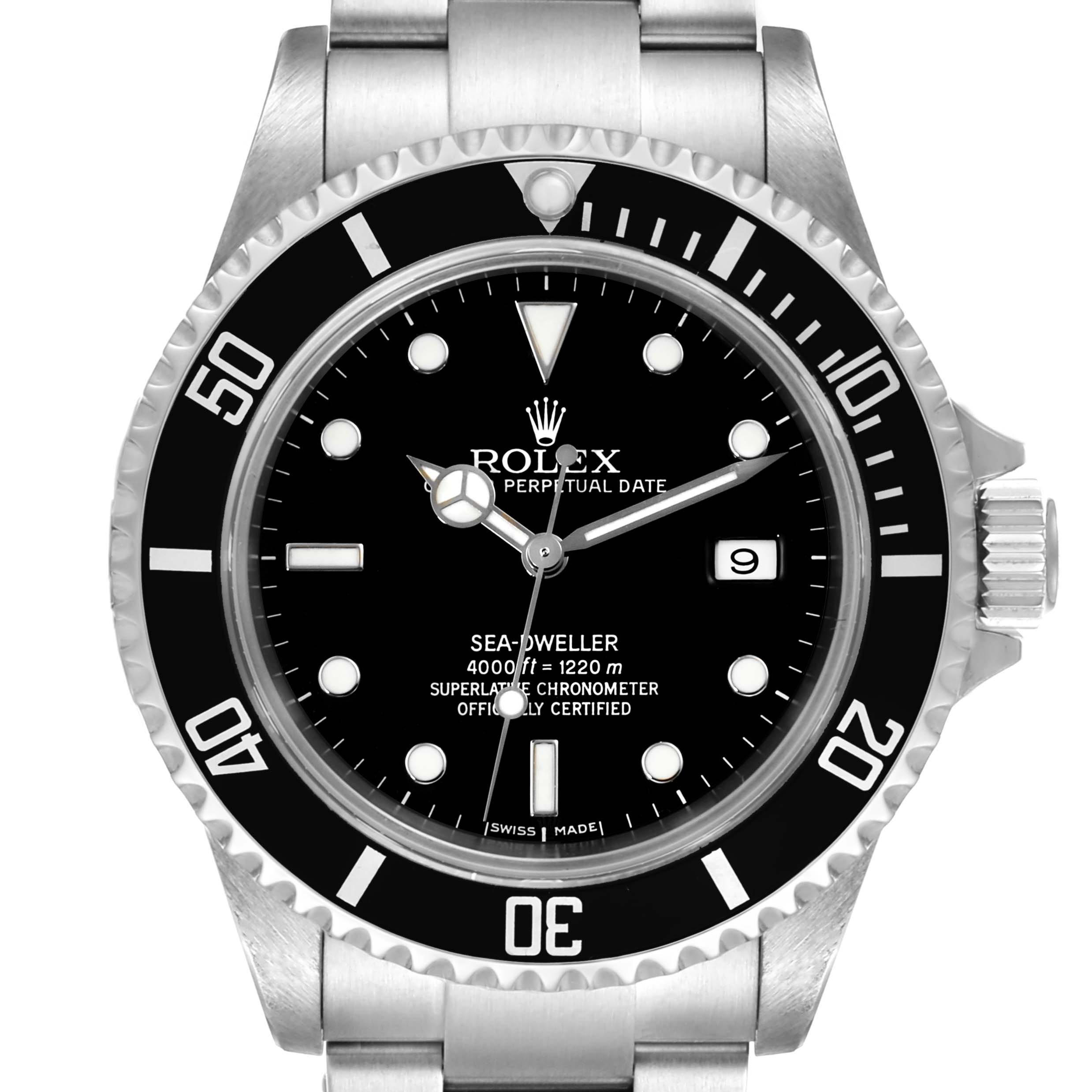 This image shows a front view of the Rolex Sea-Dweller 16600 Men
s Stainless Steel Black Dial 16600 Men
s Stainless Steel Black Dial watch displaying its face, bezel, crown, and part of the bracelet.