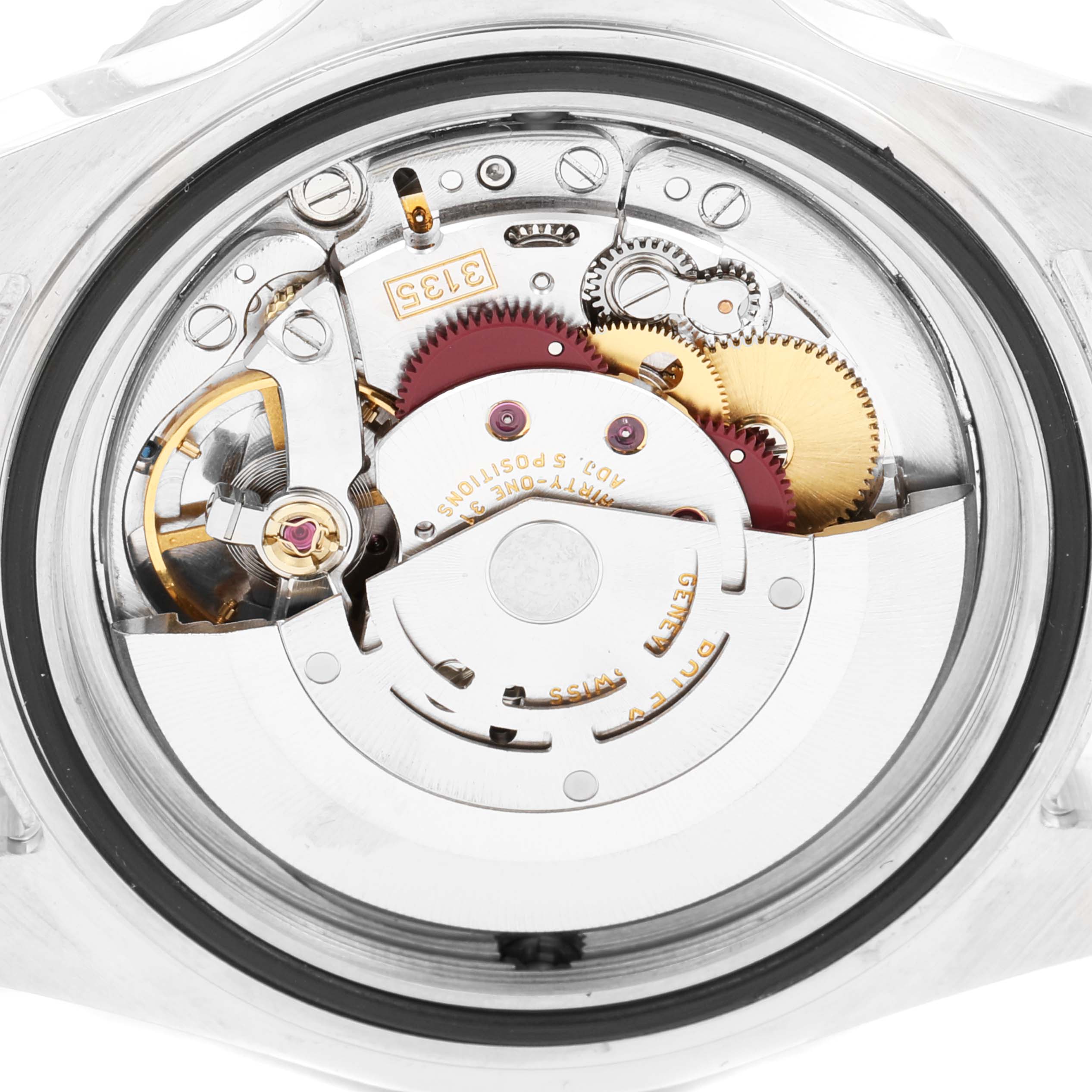 This image shows the internal mechanical movement of a Rolex Sea-Dweller 16600 Men
s Stainless Steel Black Dial 16600 Men
s Stainless Steel Black Dial watch from a top-down angle.