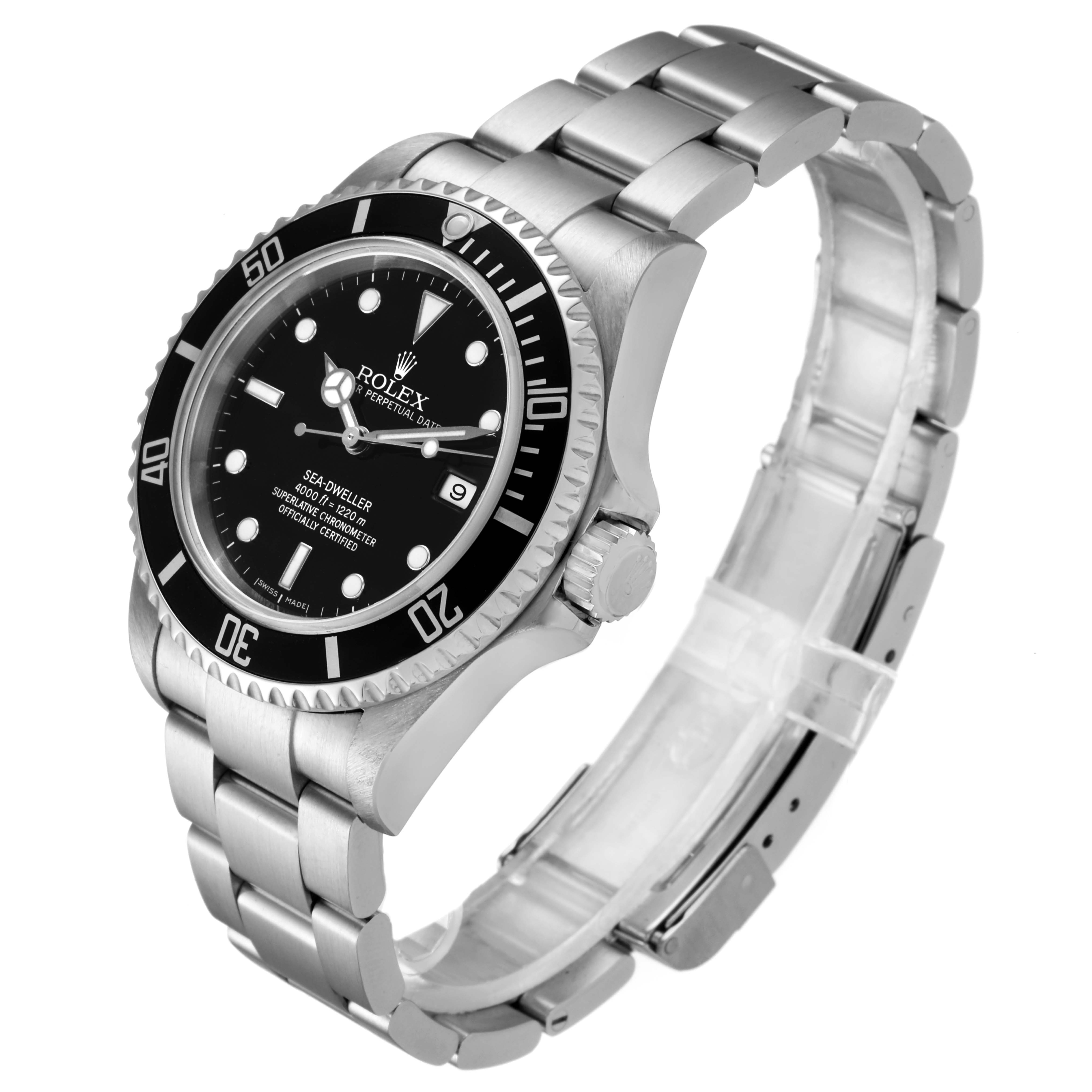 The image shows a Rolex Sea-Dweller 16600 Men
s Stainless Steel Black Dial 16600 Men
s Stainless Steel Black Dial watch angled from the right side, displaying the bezel, dial, bracelet, and crown.