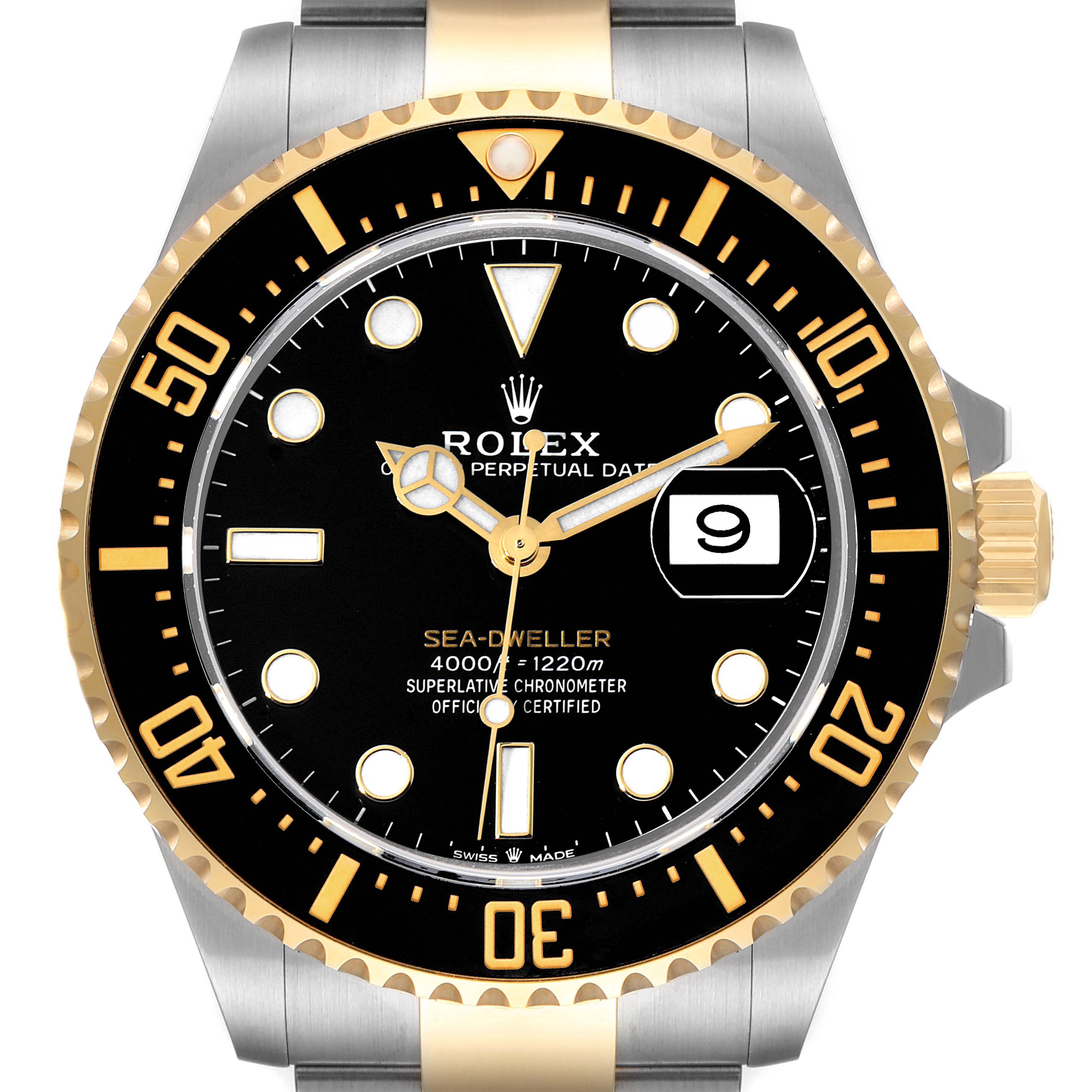 The image shows a front view of the dial and bezel of the Rolex Sea-Dweller 126603 Men's Steel and Gold (two tone) Black Dial 126603 Men's Steel and Gold (two tone) Black Dial watch, highlighting the date window and gold-trimmed features.