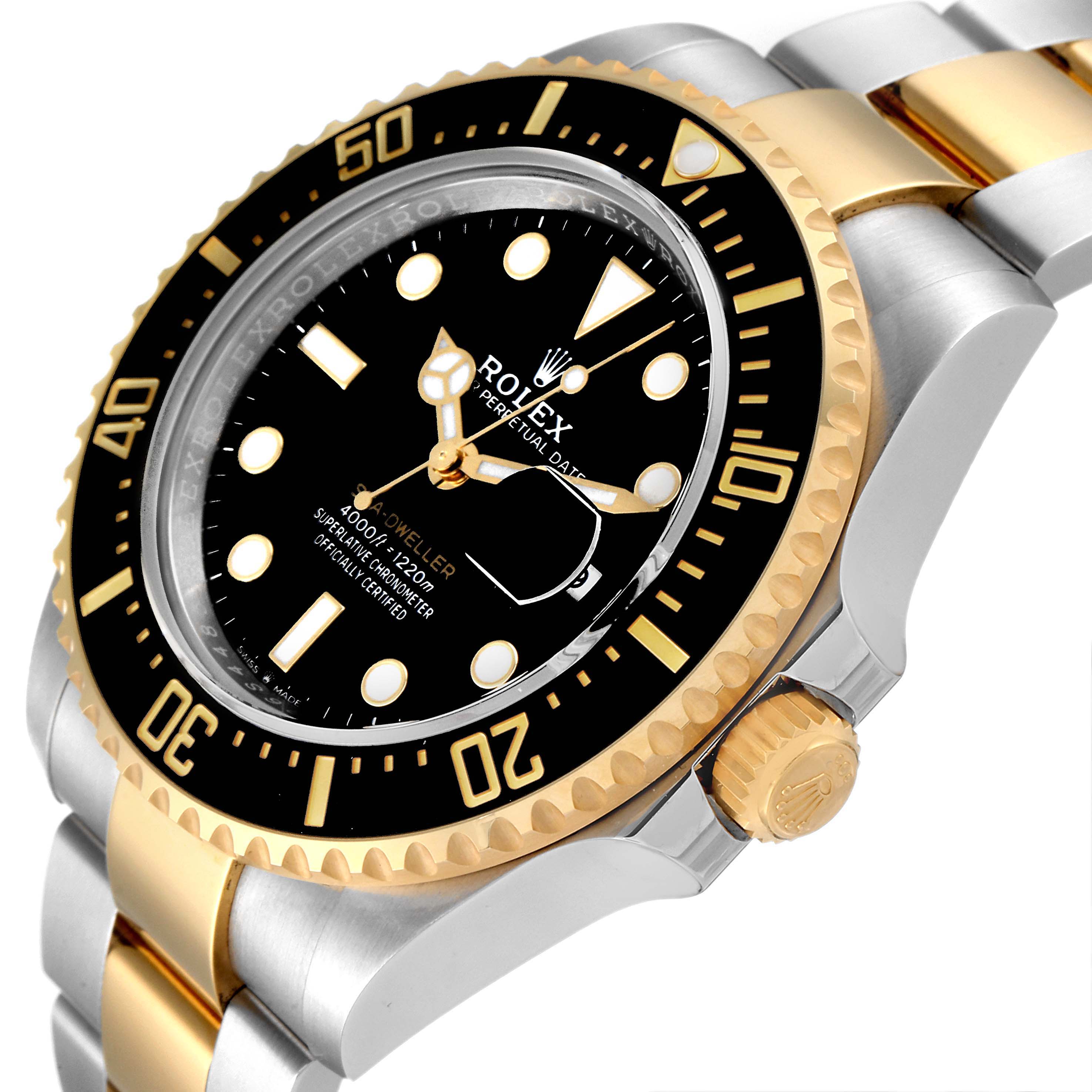 This image shows a close-up angled view of the Rolex Sea-Dweller 126603 Men's Steel and Gold (two tone) Black Dial 126603 Men's Steel and Gold (two tone) Black Dial, highlighting the dial, bezel, crown, and part of the bracelet.