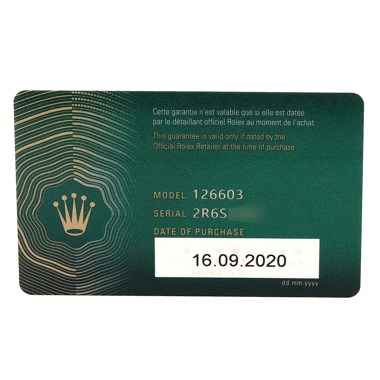 The image shows a warranty card for the Rolex Sea-Dweller 126603 Men's Steel and Gold (two tone) Black Dial 126603 Men's Steel and Gold (two tone) Black Dial model 126603.