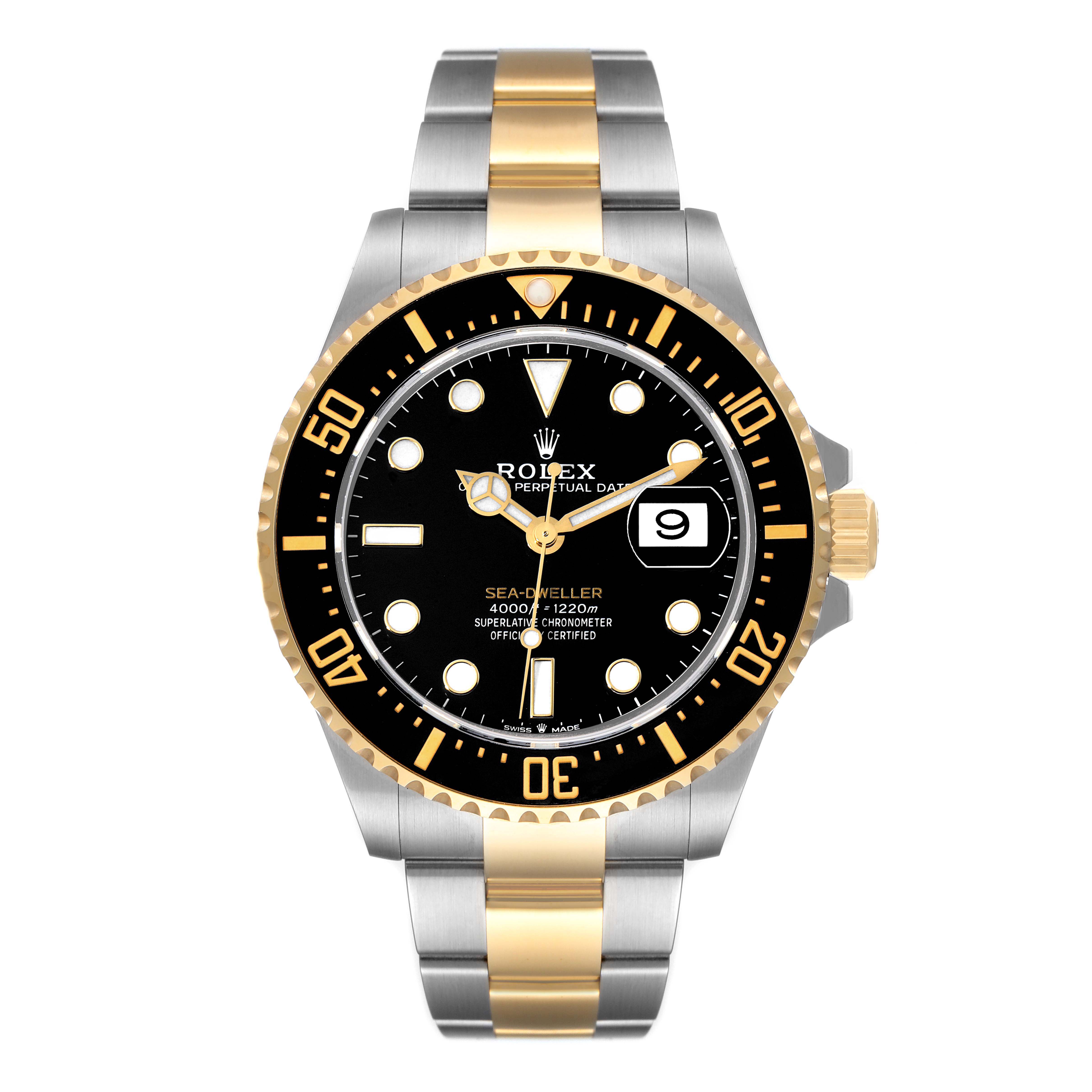 This image shows a front view of a Rolex Sea-Dweller 126603 Men's Steel and Gold (two tone) Black Dial 126603 Men's Steel and Gold (two tone) Black Dial watch with a black dial and a two-tone gold and stainless steel bracelet.