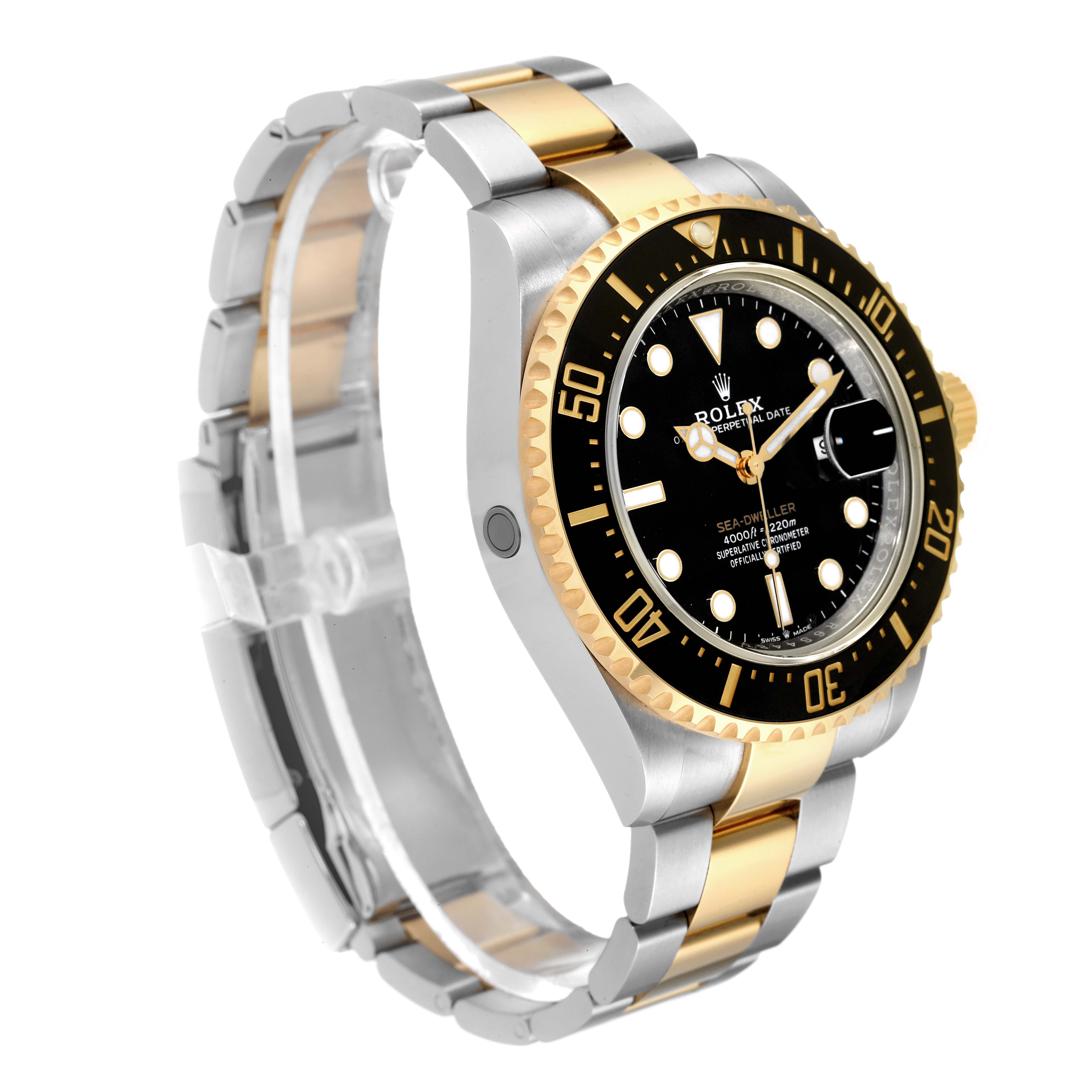 The image showcases a Rolex Sea-Dweller 126603 Men's Steel and Gold (two tone) Black Dial 126603 Men's Steel and Gold (two tone) Black Dial watch at a three-quarter angle highlighting its face, bezel, and two-tone bracelet.