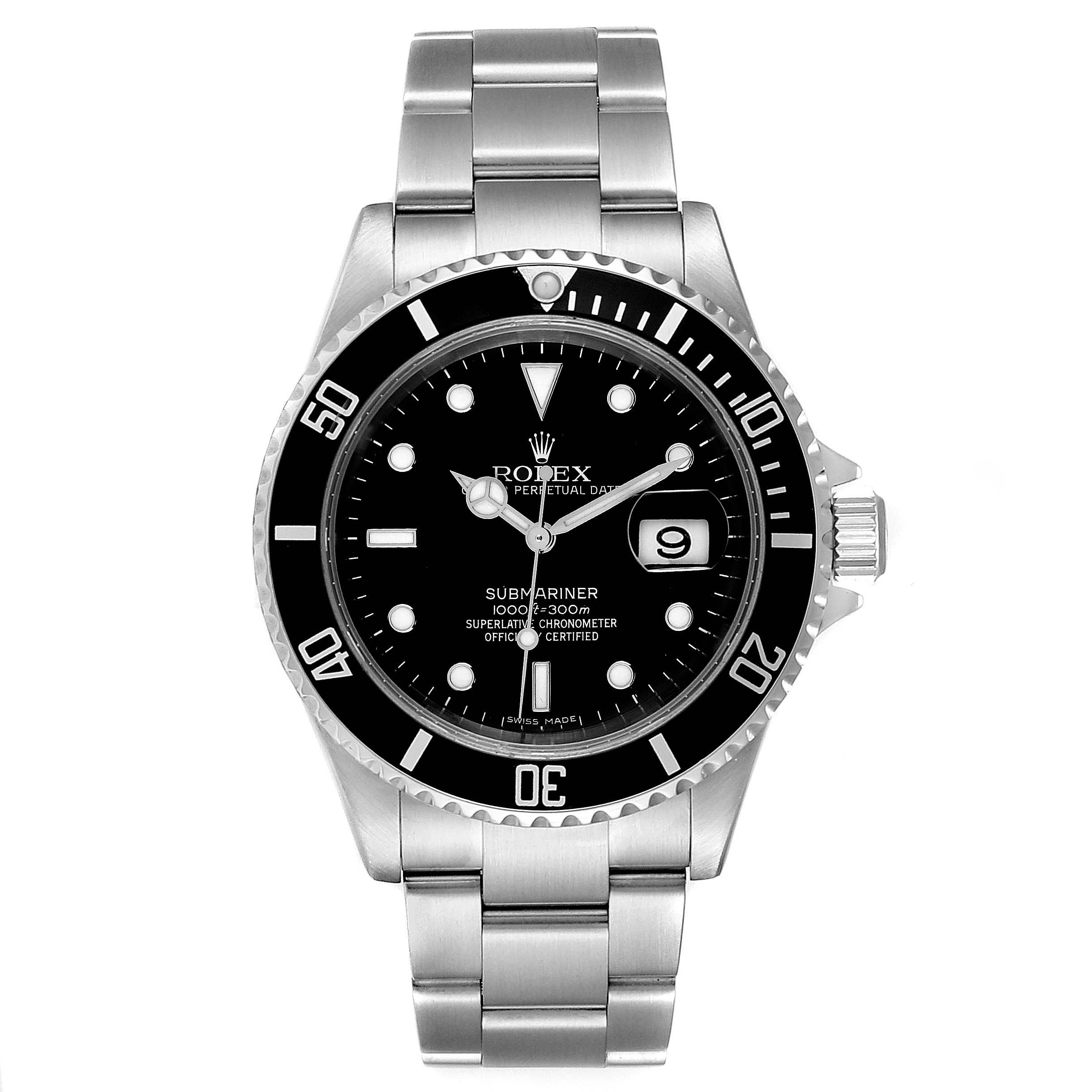This image shows a front view of a Rolex Submariner 16610 Men
s Stainless Steel Black Dial 16610 Men
s Stainless Steel Black Dial watch, displaying its black dial, bezel, and stainless steel bracelet.