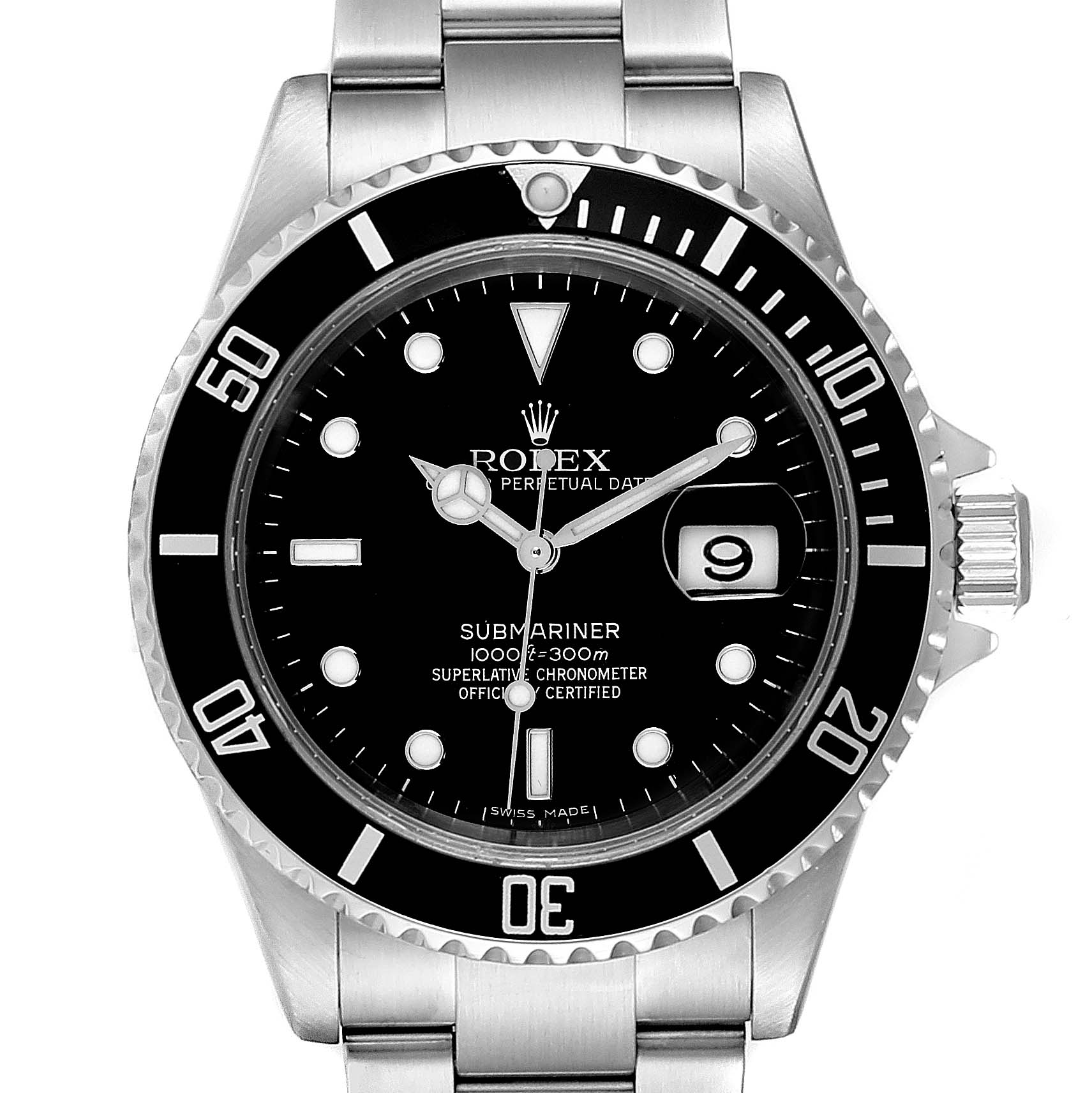 The image shows a Rolex Submariner 16610 Men
s Stainless Steel Black Dial 16610 Men
s Stainless Steel Black Dial watch, front view, displaying the dial, bezel, crown, and bracelet.