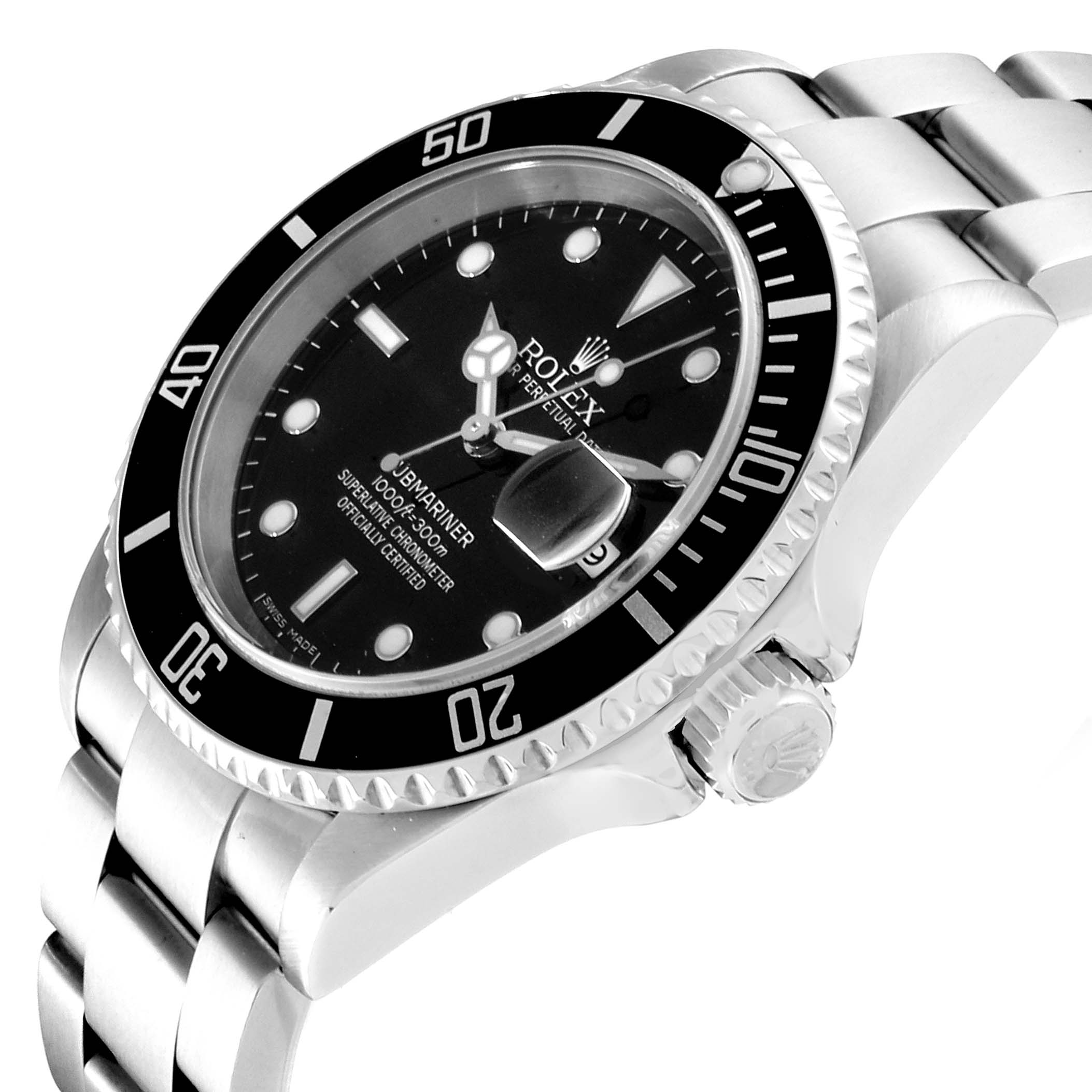 The image shows a side angle of the Rolex Submariner 16610 Men
s Stainless Steel Black Dial 16610 Men
s Stainless Steel Black Dial watch, highlighting the face, bezel, and portion of the bracelet.