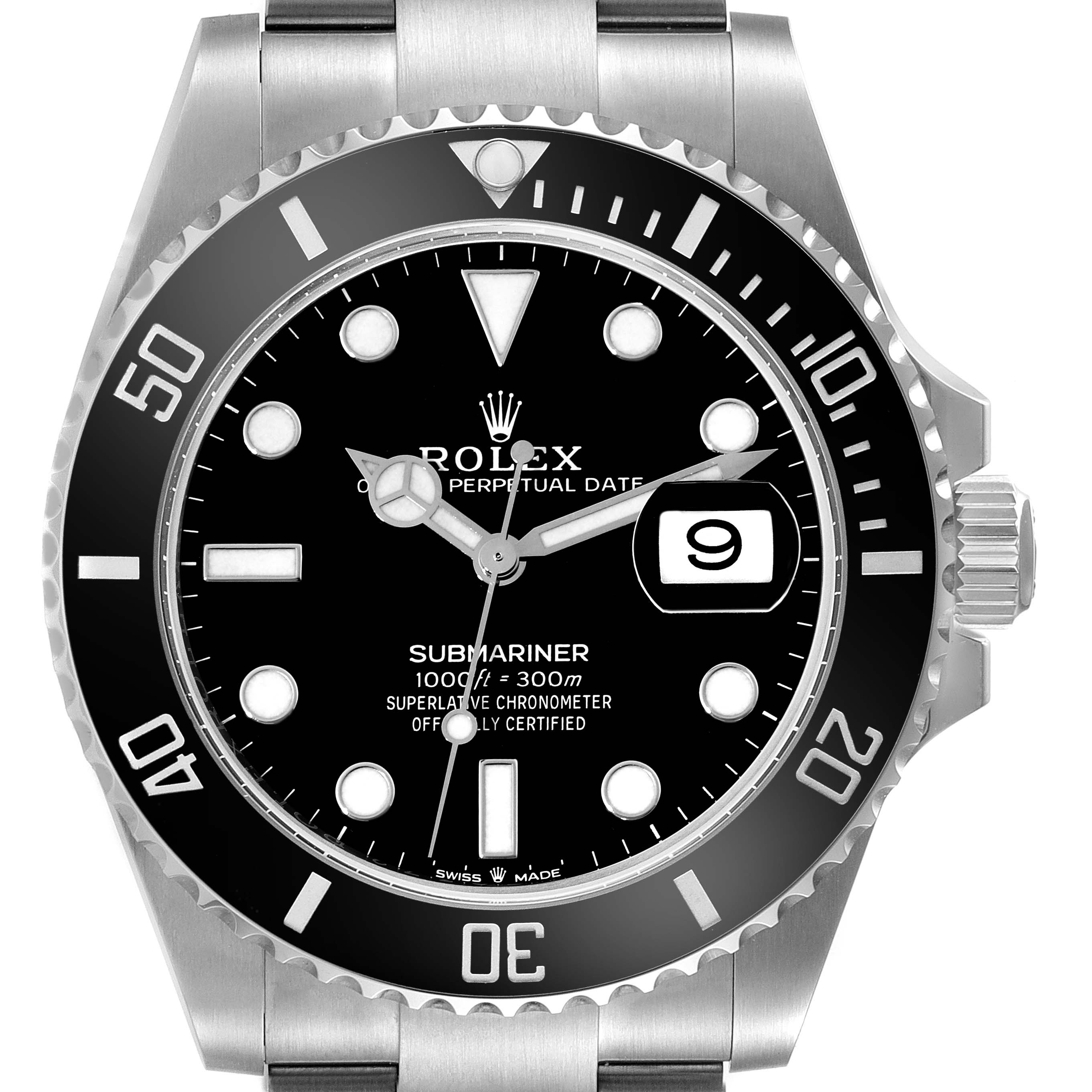 This Rolex Submariner 126610LN Men
s Stainless Steel Black Dial 126610LN Men
s Stainless Steel Black Dial watch is shown from the front angle, highlighting its dial, bezel, and date window.
