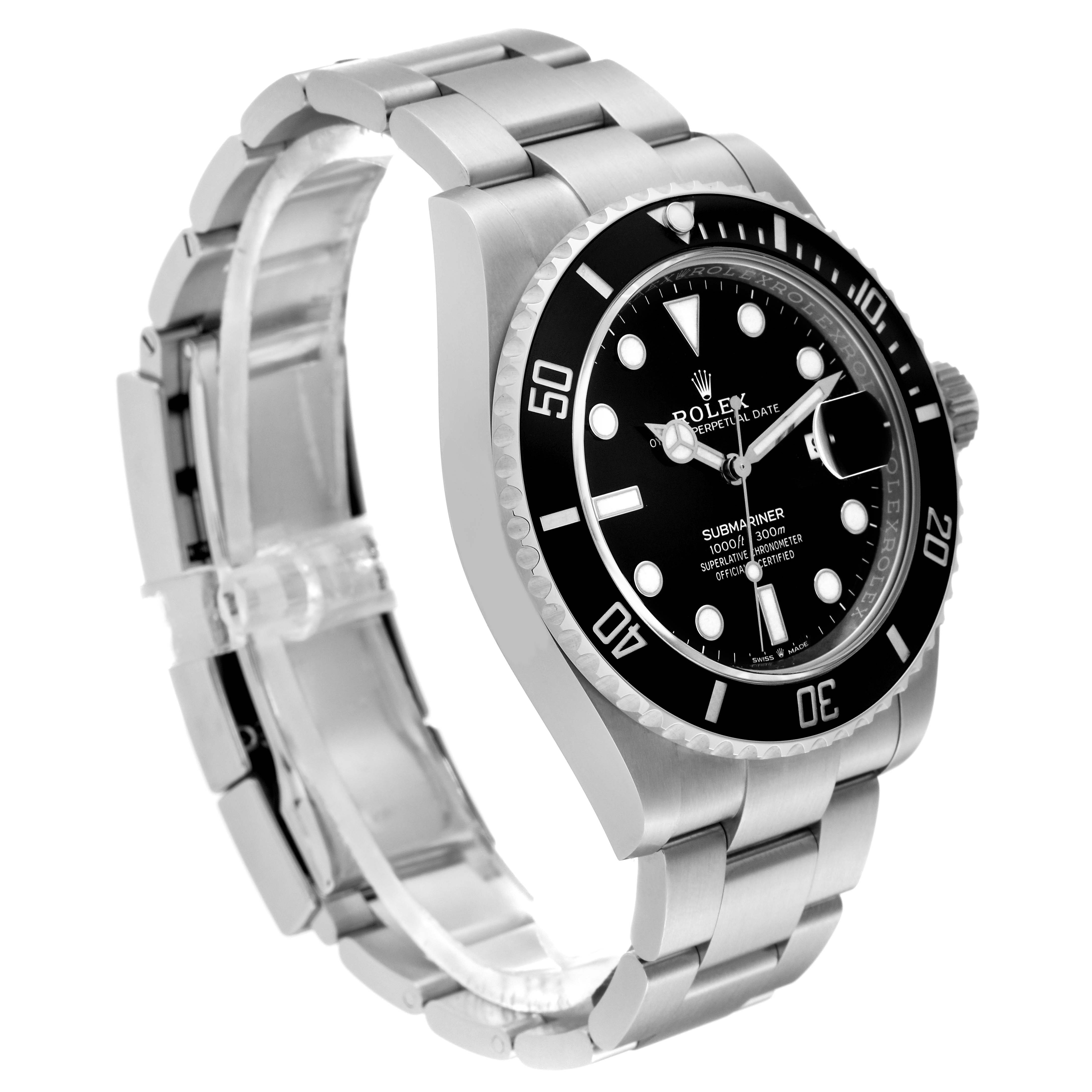 This image shows a side and front angle of a Rolex Submariner 126610LN Men
s Stainless Steel Black Dial 126610LN Men
s Stainless Steel Black Dial watch, highlighting the bezel, dial, crown, and bracelet.