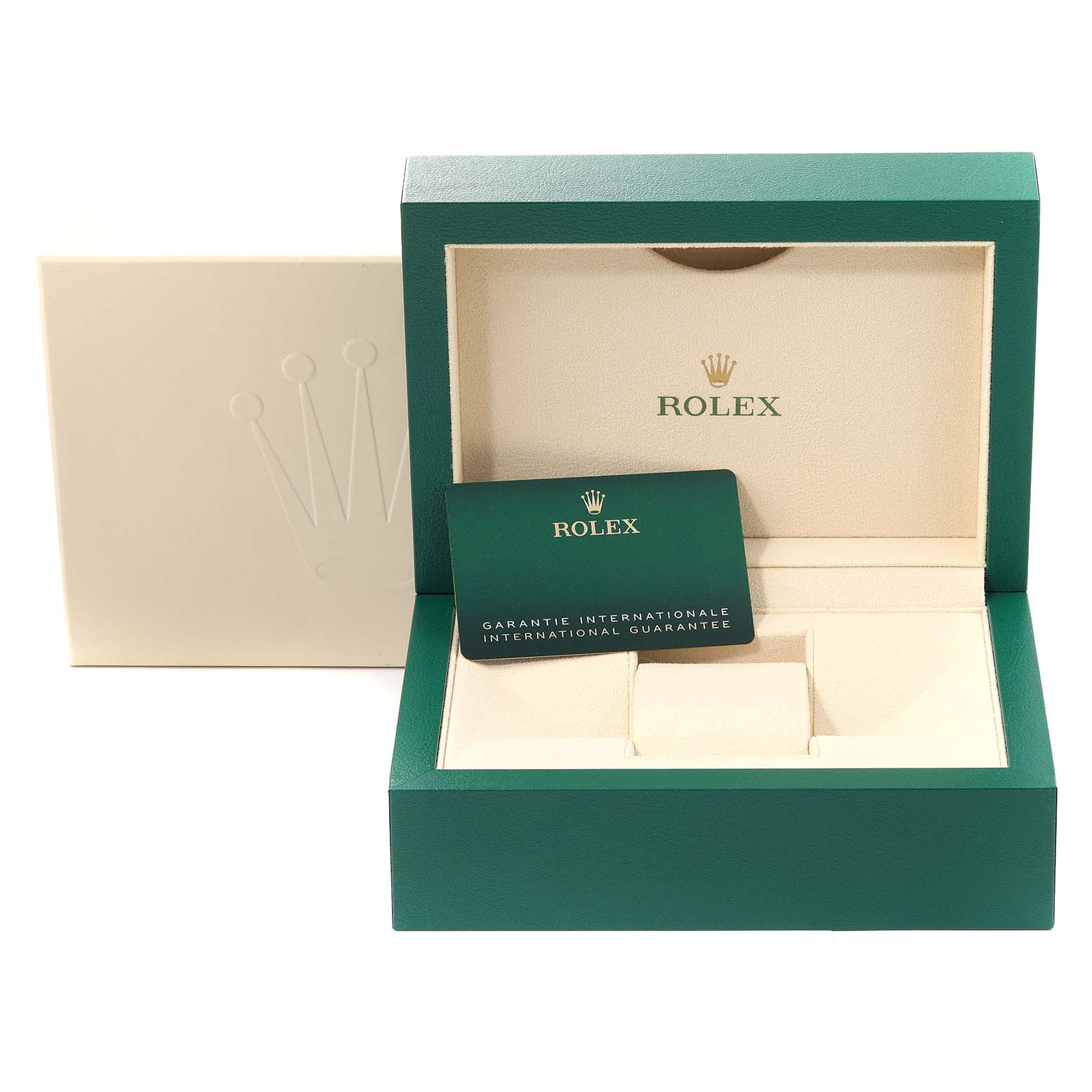 The image shows an open Rolex Submariner 126610LN Men
s Stainless Steel Black Dial 126610LN Men
s Stainless Steel Black Dial watch box displaying a guarantee card in a green and beige color scheme.