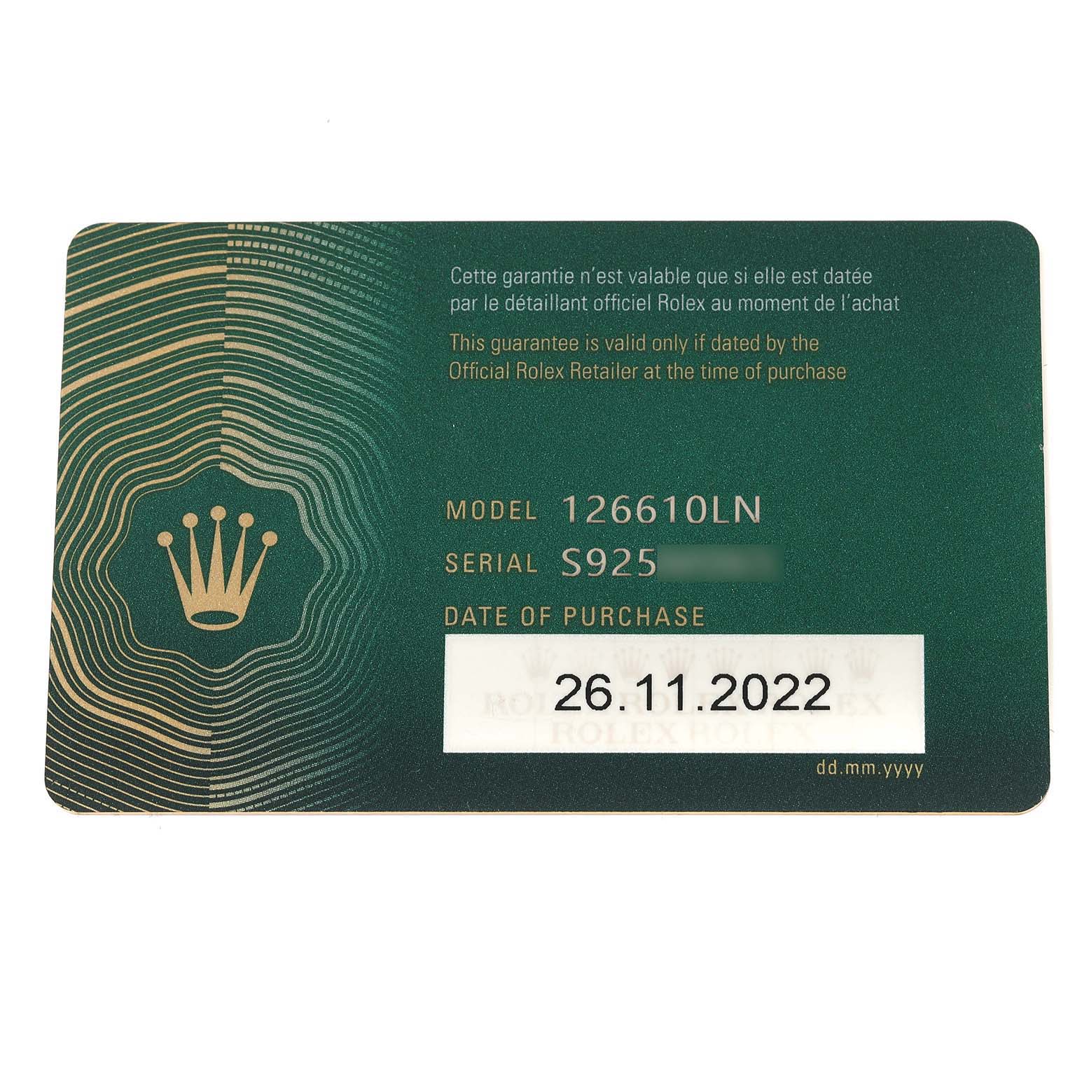 This image shows a guarantee card for a Rolex Submariner 126610LN Men
s Stainless Steel Black Dial 126610LN Men
s Stainless Steel Black Dial model 126610LN with purchase details.