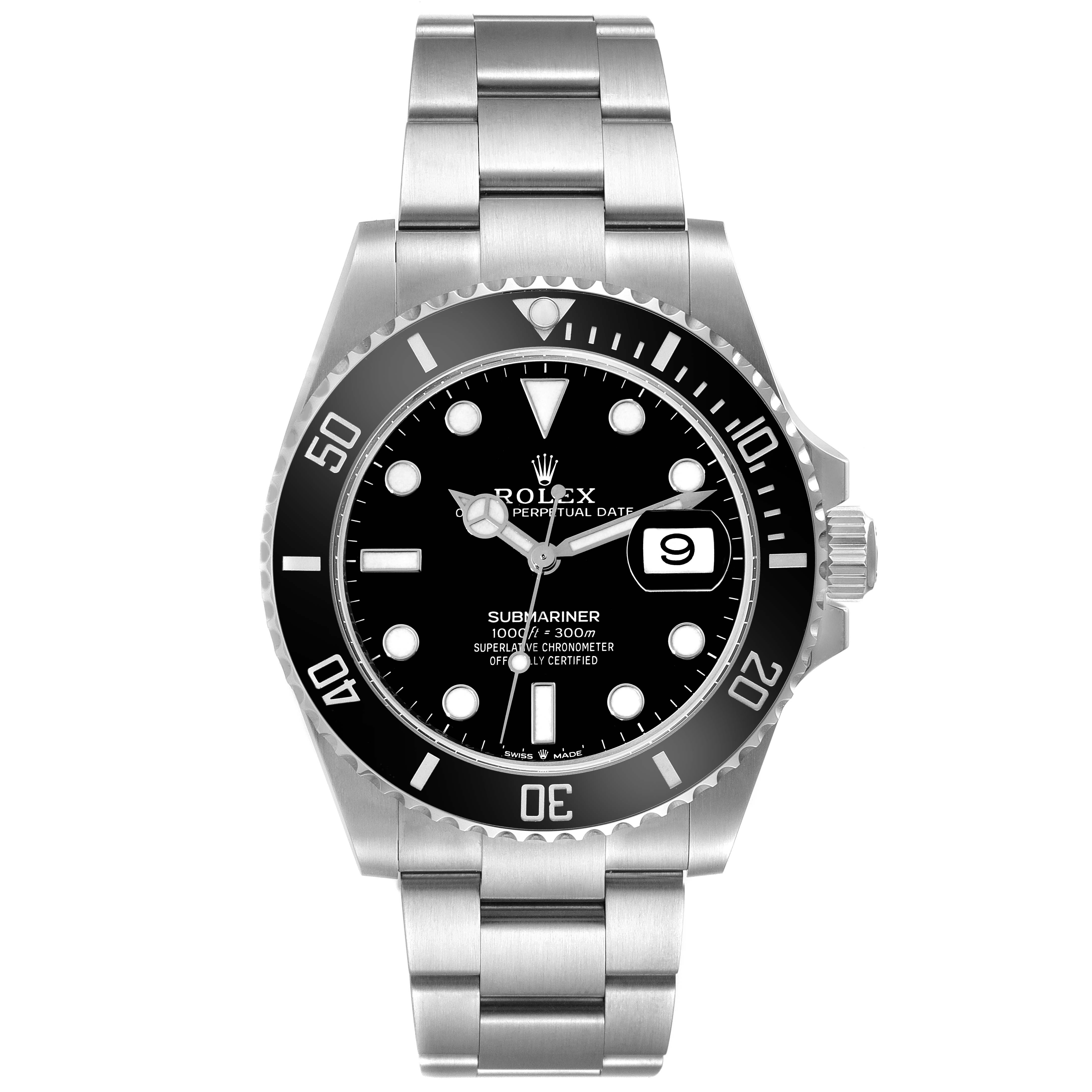 The image shows a front view of a Rolex Submariner 126610LN Men
s Stainless Steel Black Dial 126610LN Men
s Stainless Steel Black Dial watch, displaying the dial, bezel, bracelet, and date window.