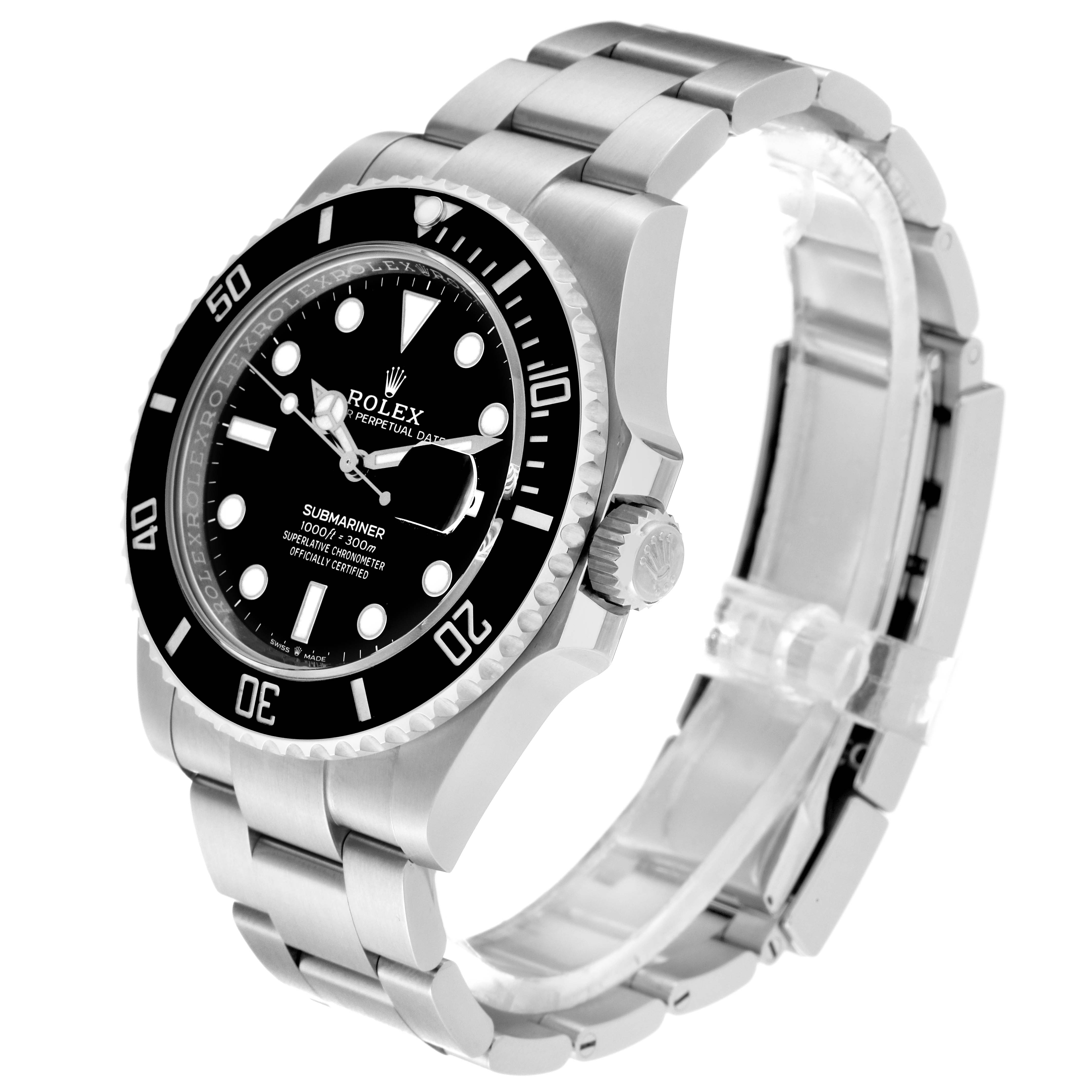This image shows a Rolex Submariner 126610LN Men
s Stainless Steel Black Dial 126610LN Men
s Stainless Steel Black Dial watch from an angle highlighting its face, bezel, crown, and stainless steel bracelet.