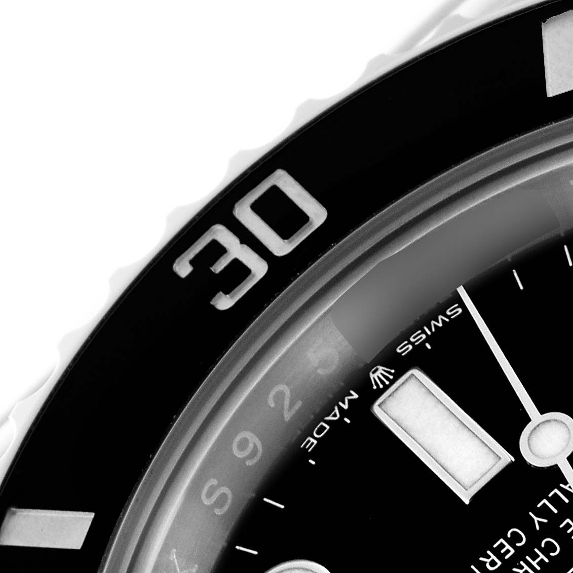 This image shows a close-up of the bezel and part of the dial of a Rolex Submariner 126610LN Men
s Stainless Steel Black Dial 126610LN Men
s Stainless Steel Black Dial watch.