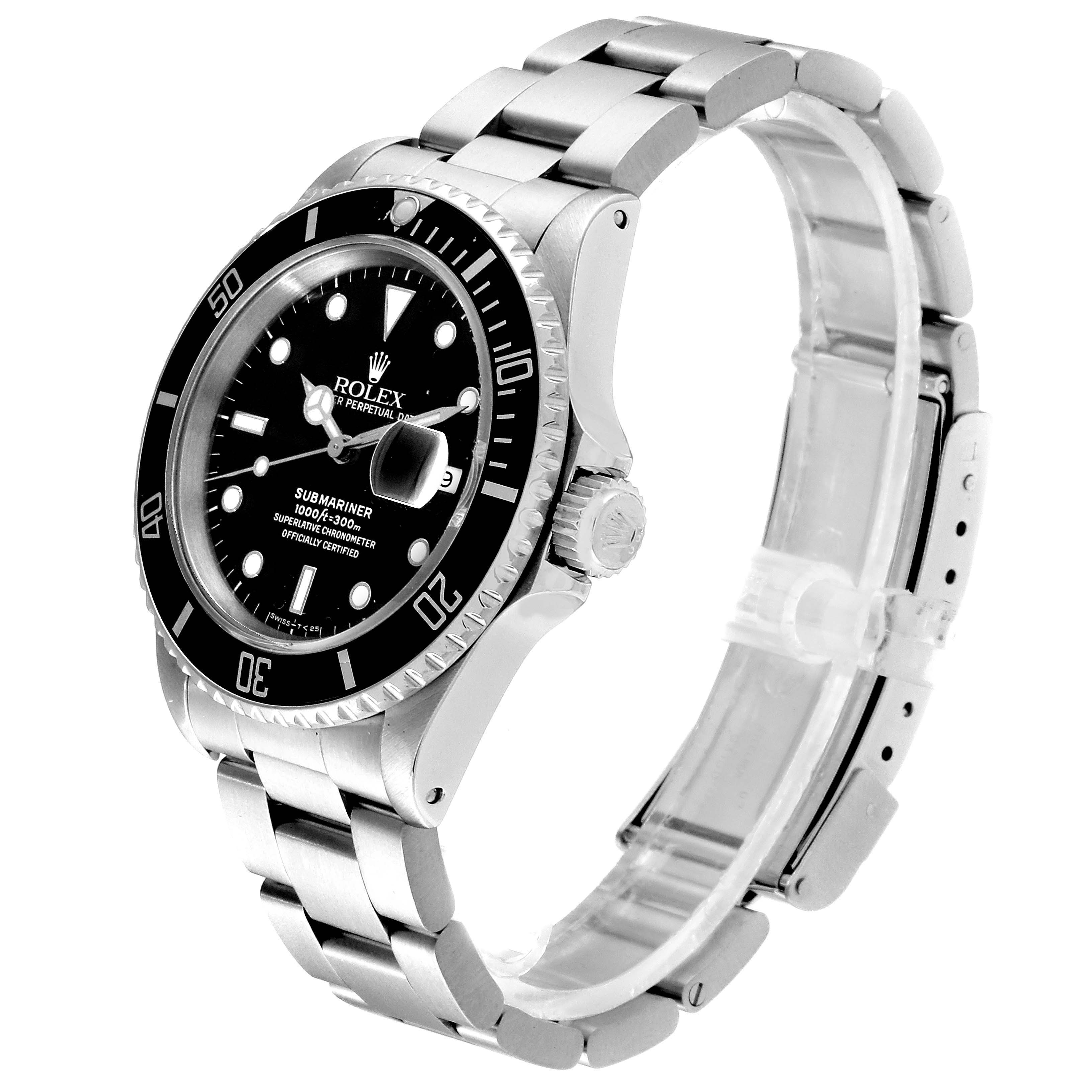 The image shows a side angle of the Rolex Submariner 16610 Men
s Stainless Steel Black Dial 16610 Men
s Stainless Steel Black Dial watch, highlighting the bracelet, bezel, face, and crown.
