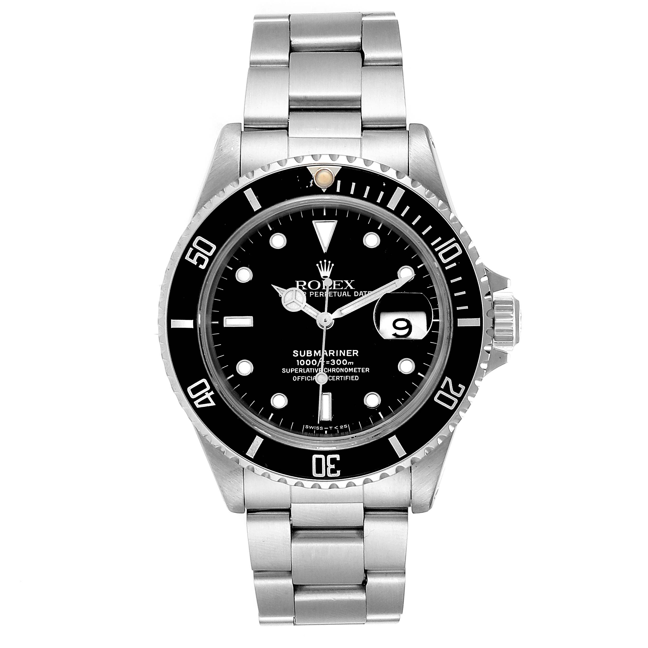 This image shows a front view of the Rolex Submariner 16610 Men
s Stainless Steel Black Dial 16610 Men
s Stainless Steel Black Dial watch, including its dial, bezel, and metal bracelet.
