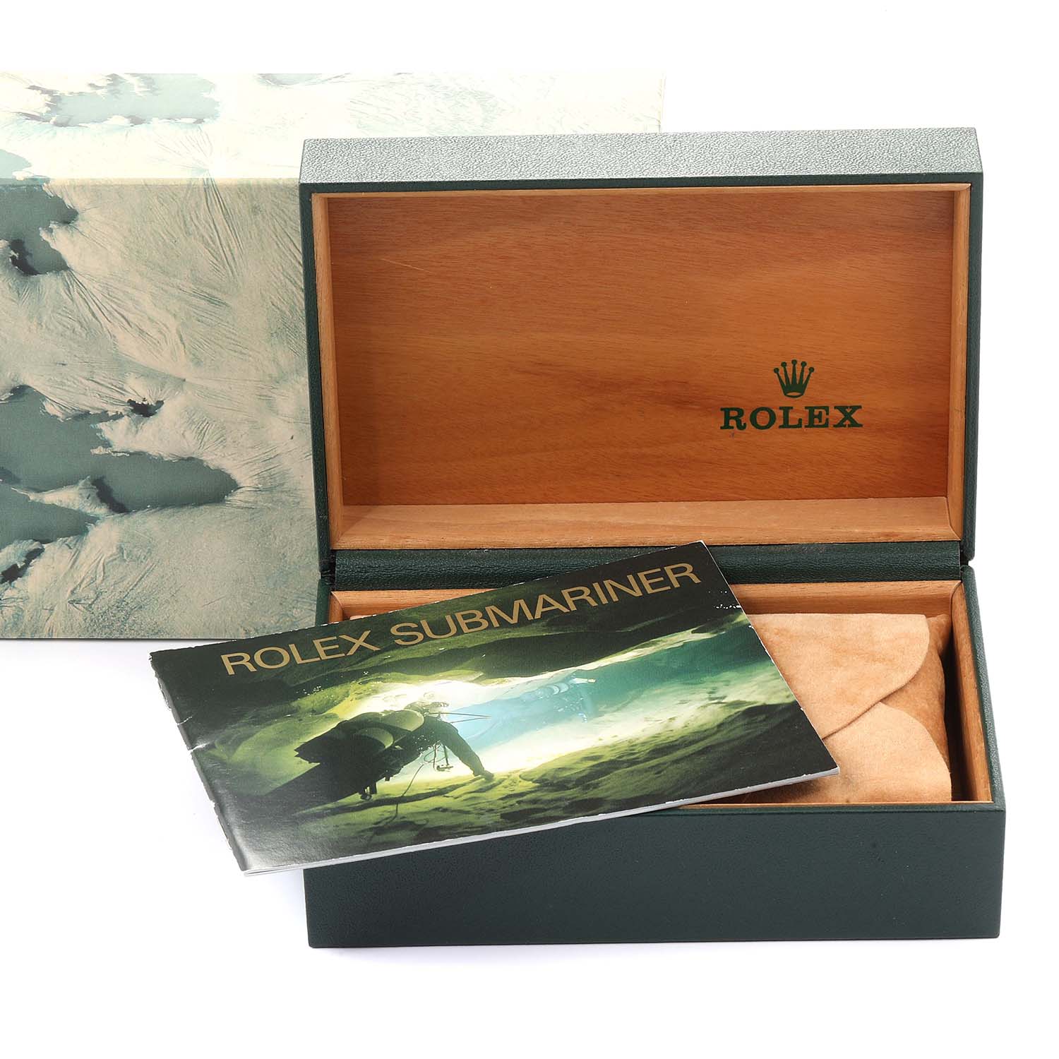 The image shows an open Rolex branded box and a booklet for the Rolex Submariner 16610 Men
s Stainless Steel Black Dial 16610 Men
s Stainless Steel Black Dial model.