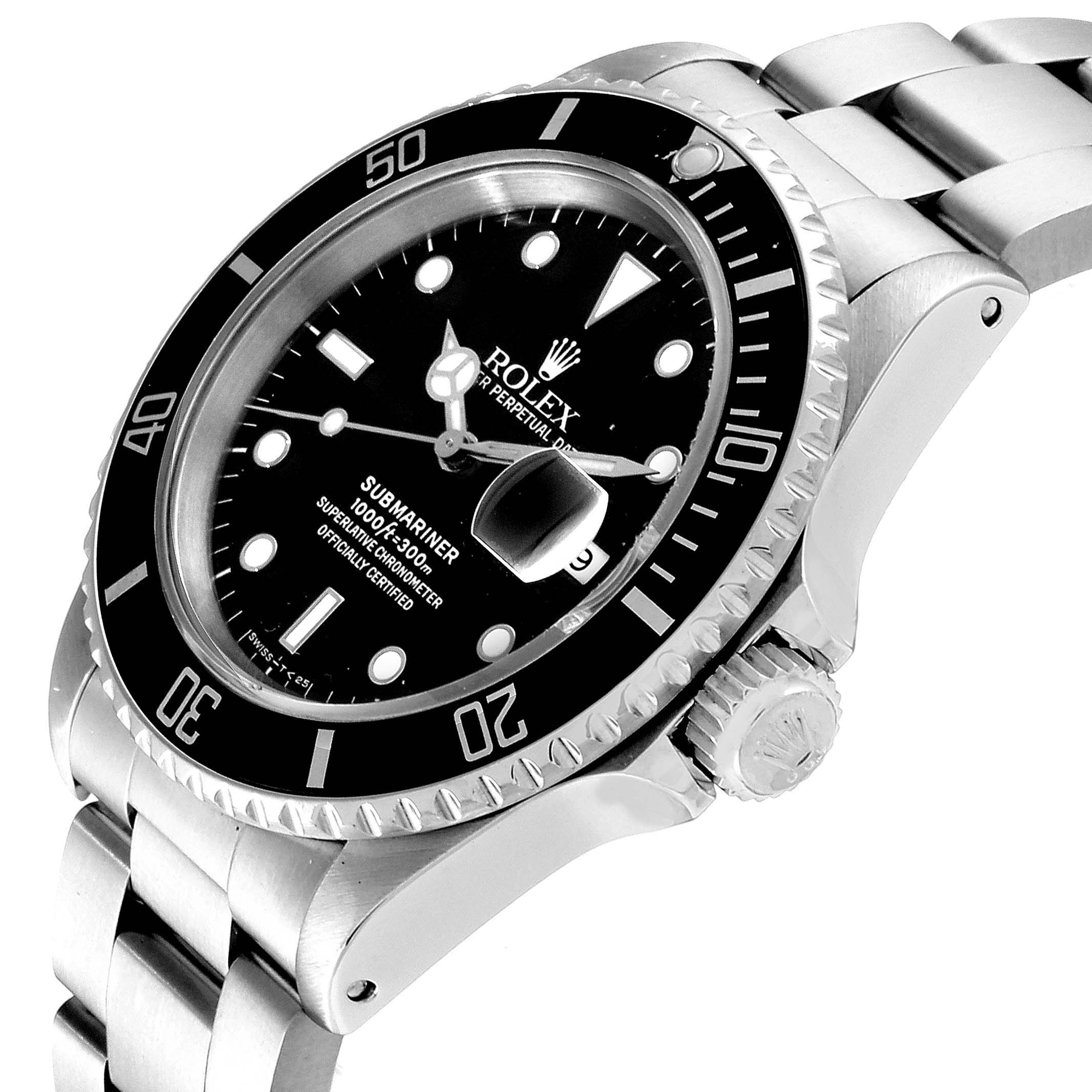 The image shows a close-up angled view of the Rolex Submariner 16610 Men
s Stainless Steel Black Dial 16610 Men
s Stainless Steel Black Dial watch, highlighting its dial, bezel, and part of the bracelet.