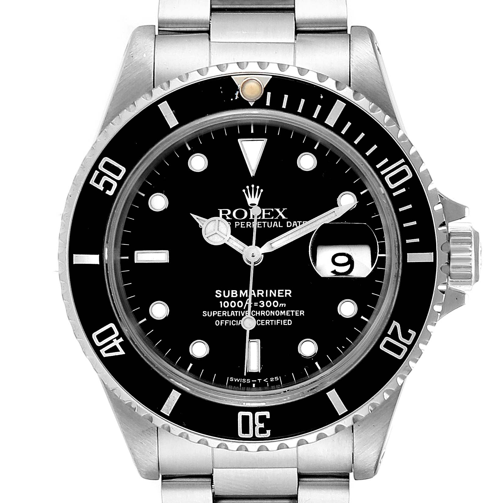 This image shows a front view of a Rolex Submariner 16610 Men
s Stainless Steel Black Dial 16610 Men
s Stainless Steel Black Dial watch, displaying the face, bezel, and part of the bracelet.