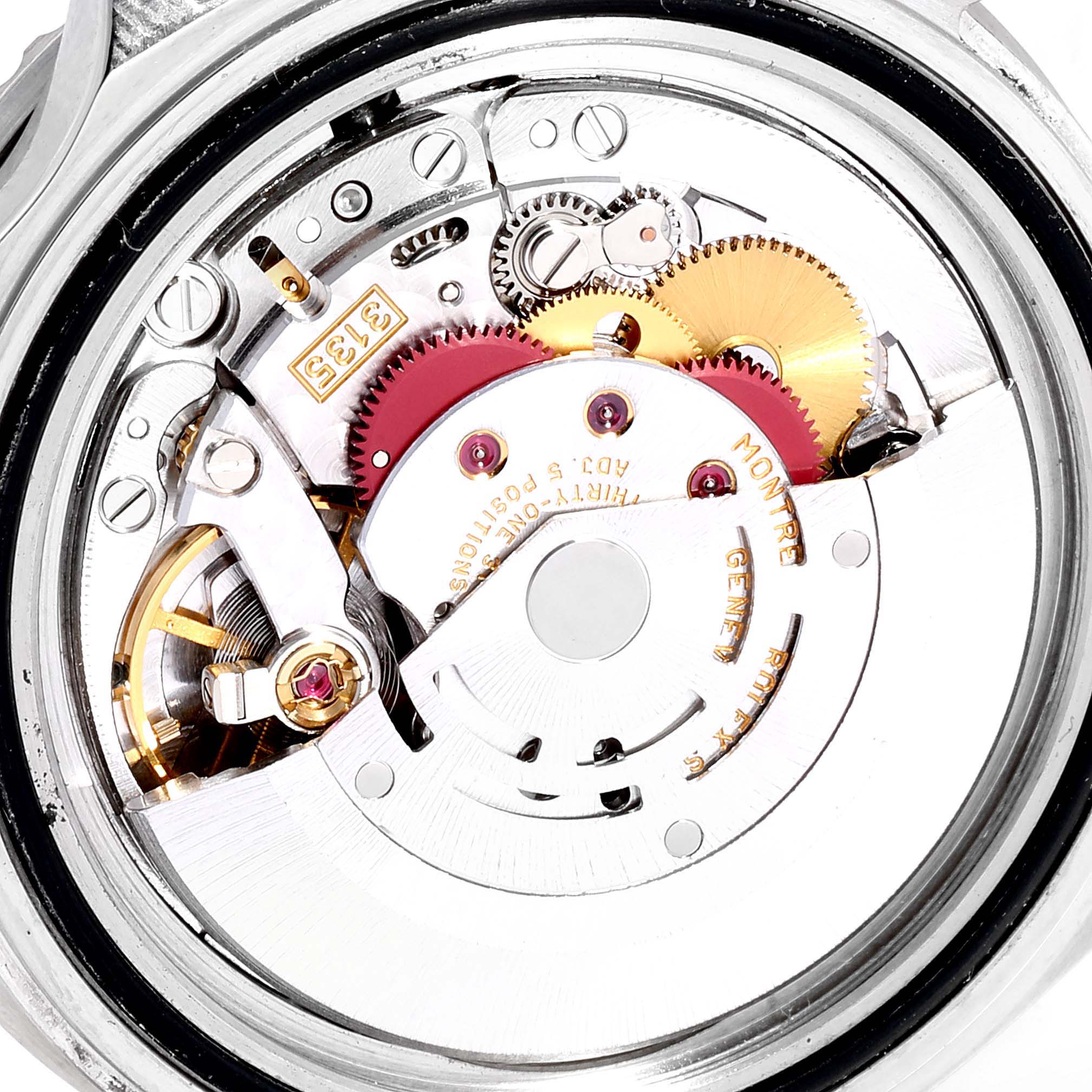 This image shows the internal mechanical movement of a Rolex Submariner 16610 Men
s Stainless Steel Black Dial 16610 Men
s Stainless Steel Black Dial watch, detailing gears and components.