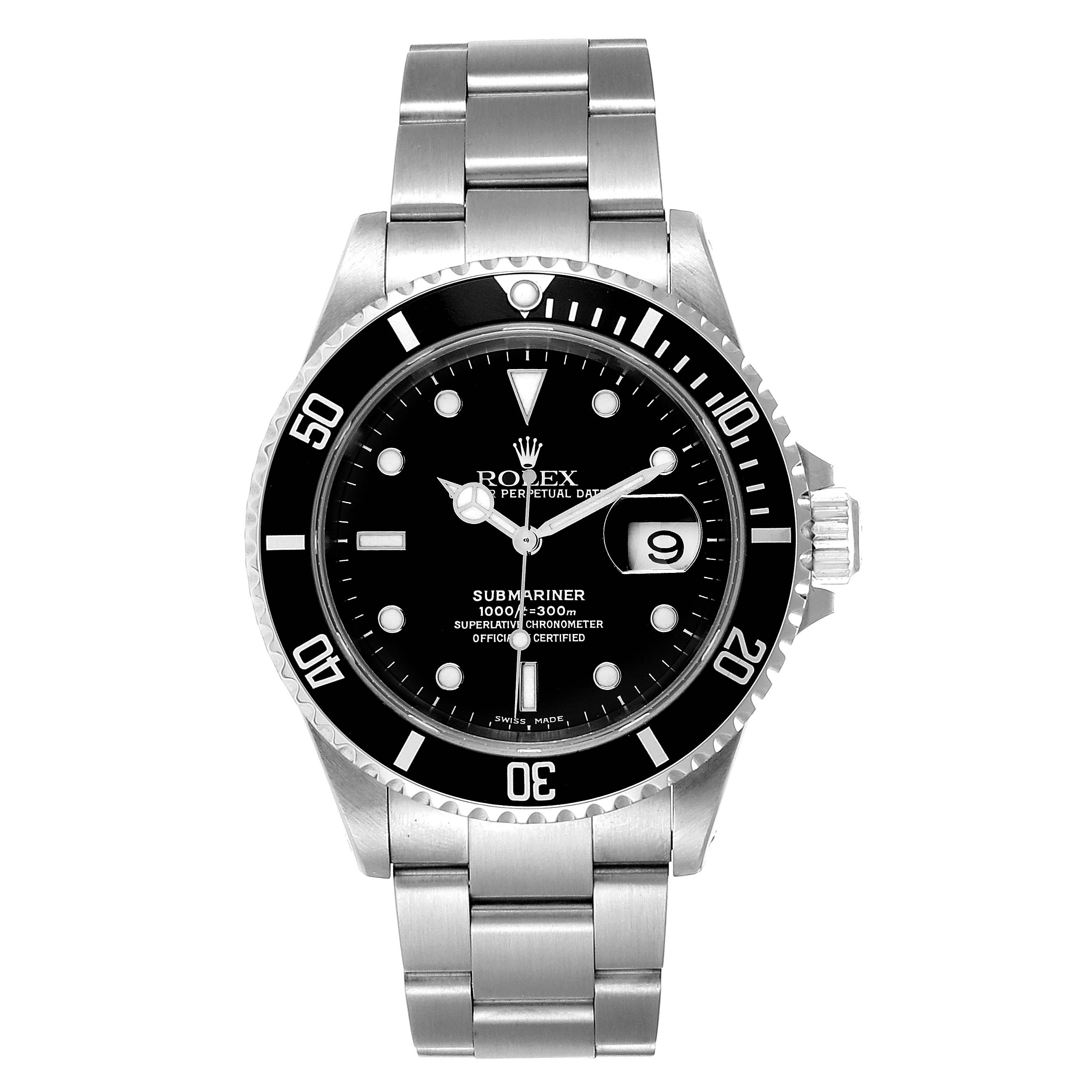The image shows a frontal view of a Rolex Submariner 16610 Men
s Stainless Steel Black Dial 16610 Men
s Stainless Steel Black Dial watch, displaying the dial, bezel, and metal bracelet.