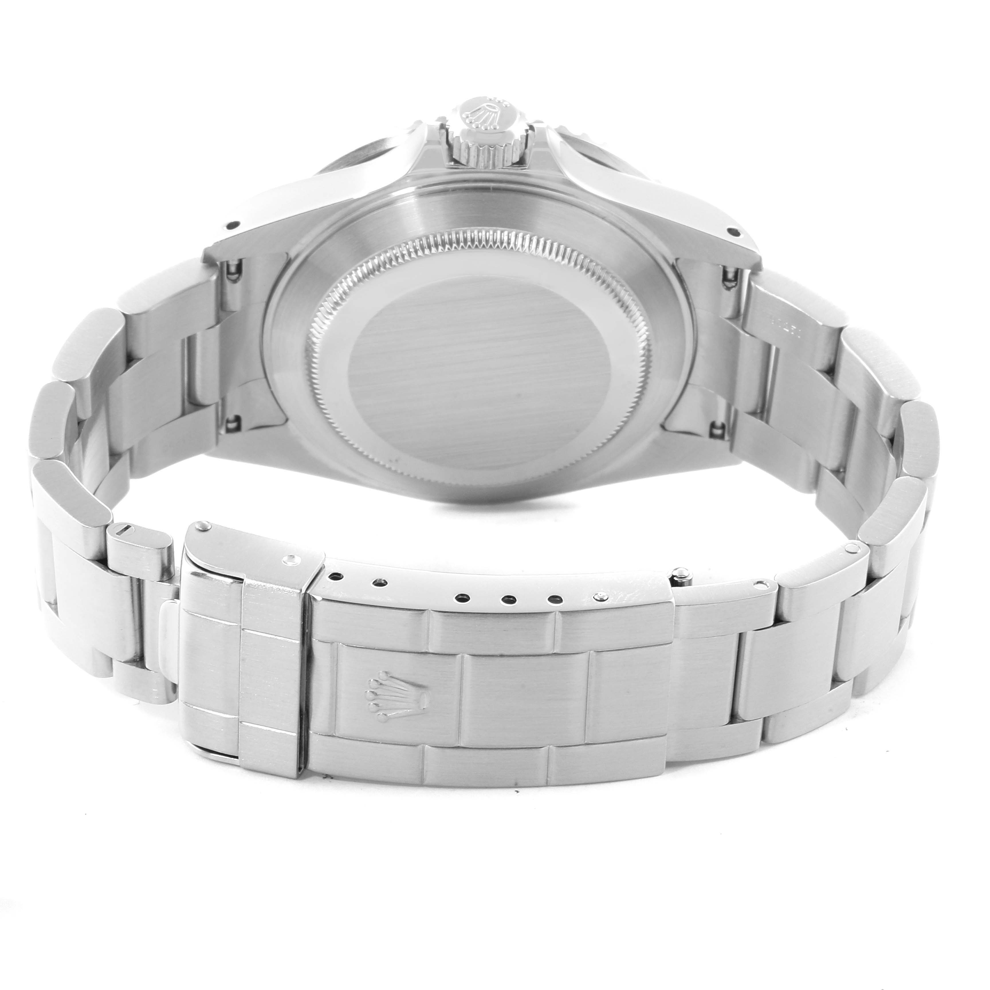 The image shows the back view of a Rolex Submariner 16610 Men
s Stainless Steel Black Dial 16610 Men
s Stainless Steel Black Dial watch, highlighting its case back, bracelet, and clasp.