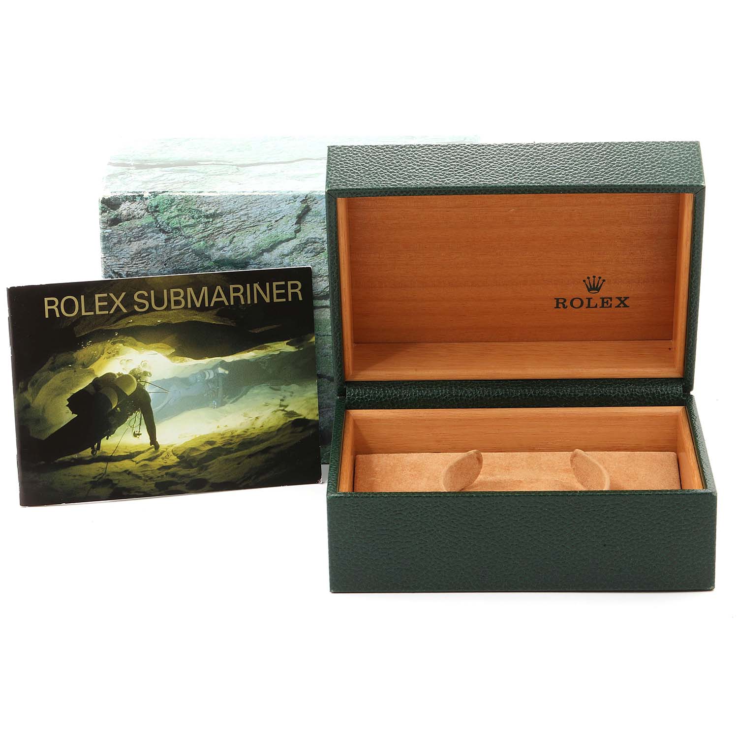 The image shows an empty Rolex Submariner 16610 Men
s Stainless Steel Black Dial 16610 Men
s Stainless Steel Black Dial watch box and accompanying booklet from a front angle.