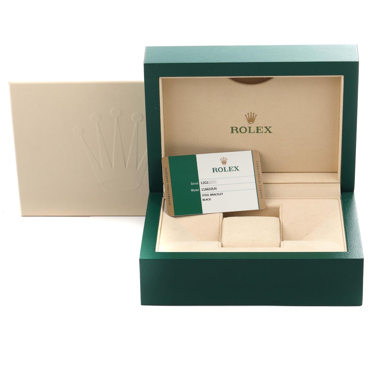 The image shows a Rolex Submariner 116610 Men's Stainless Steel Black Dial 116610 Men's Stainless Steel Black Dial watch box, open to display its inner compartments and a warranty card.