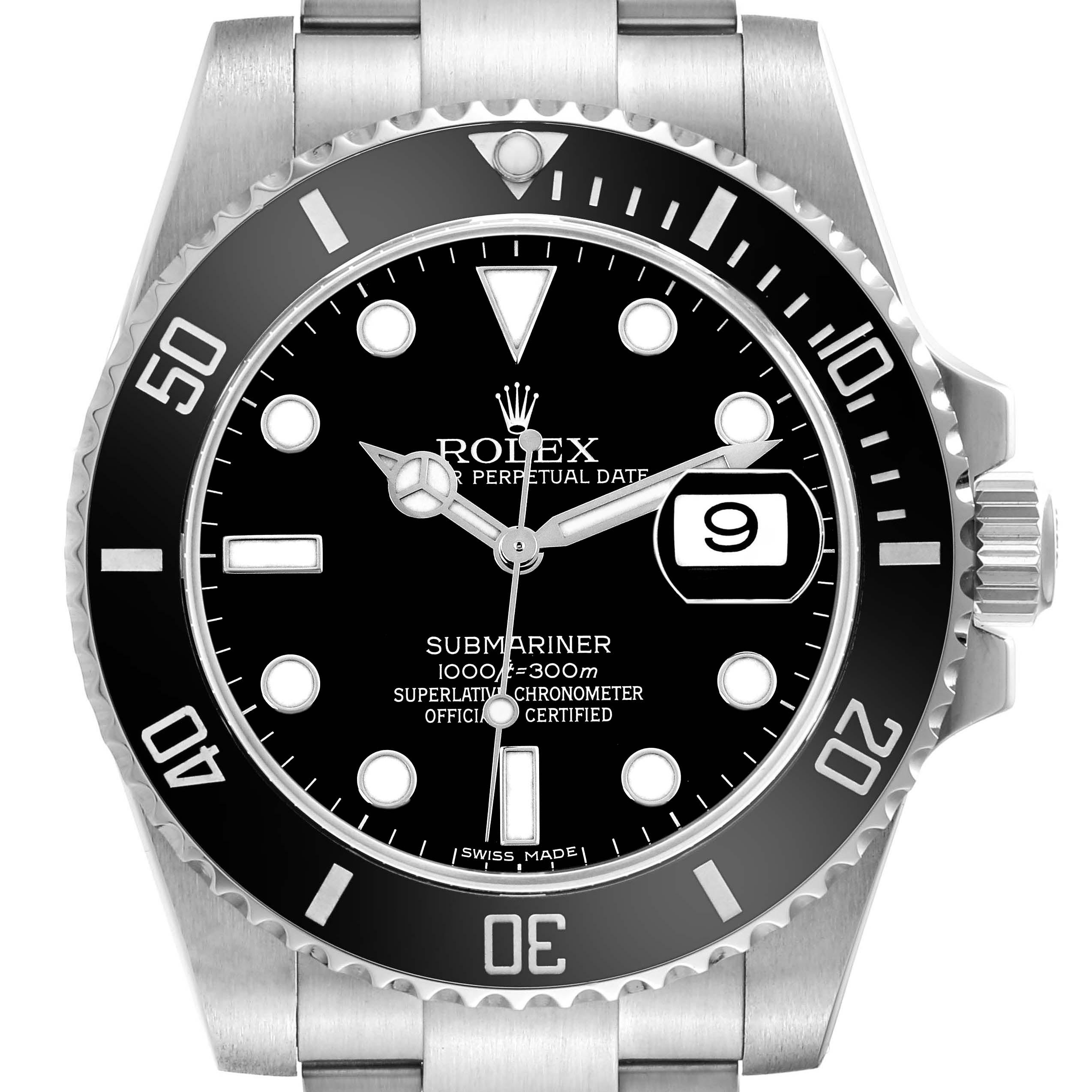 The image shows a front view of the Rolex Submariner 116610 Men's Stainless Steel Black Dial 116610 Men's Stainless Steel Black Dial watch, highlighting its dial, bezel, and crown.