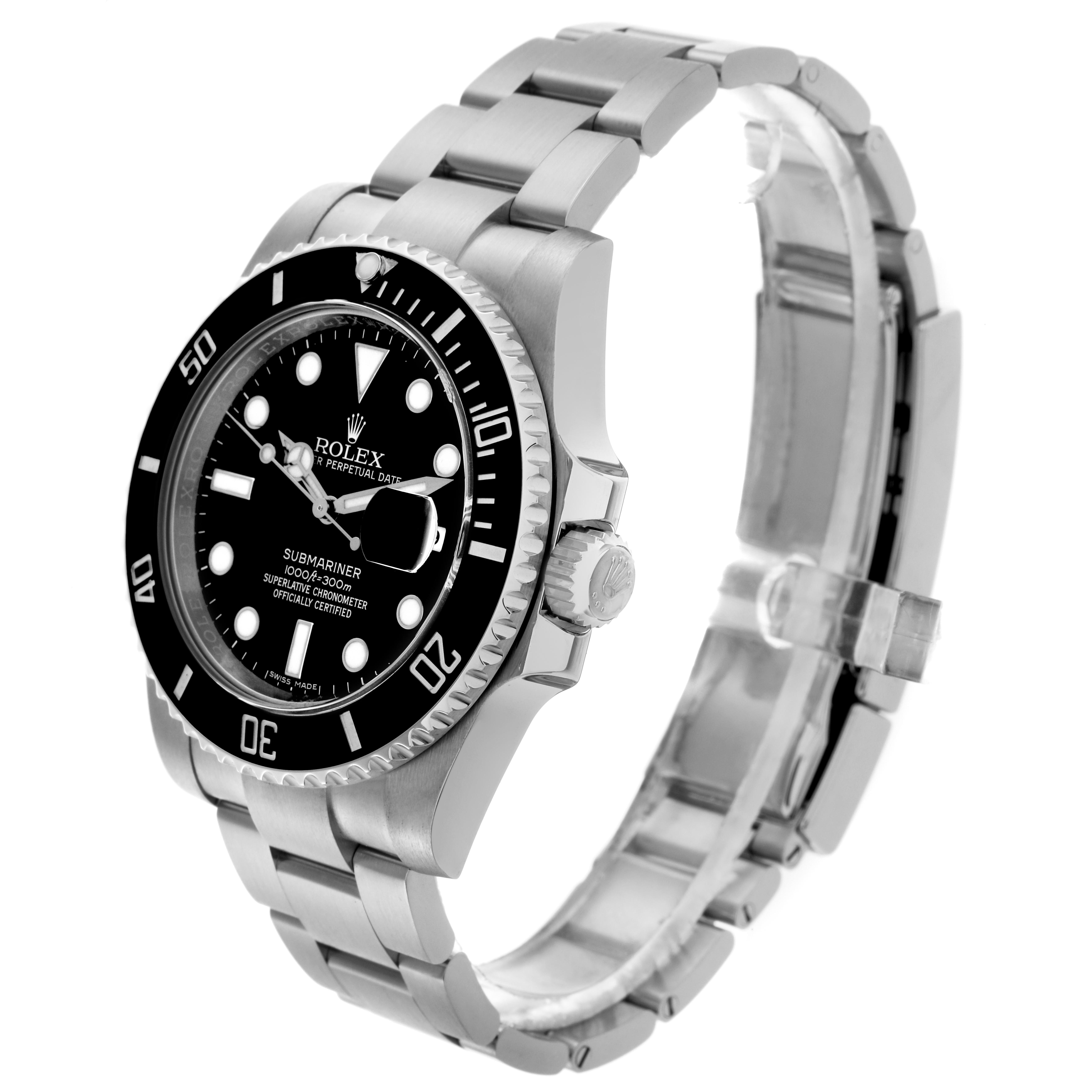 The Rolex Submariner 116610 Men's Stainless Steel Black Dial 116610 Men's Stainless Steel Black Dial watch is shown at a slight angle, highlighting the face, bezel, crown, and stainless steel bracelet.
