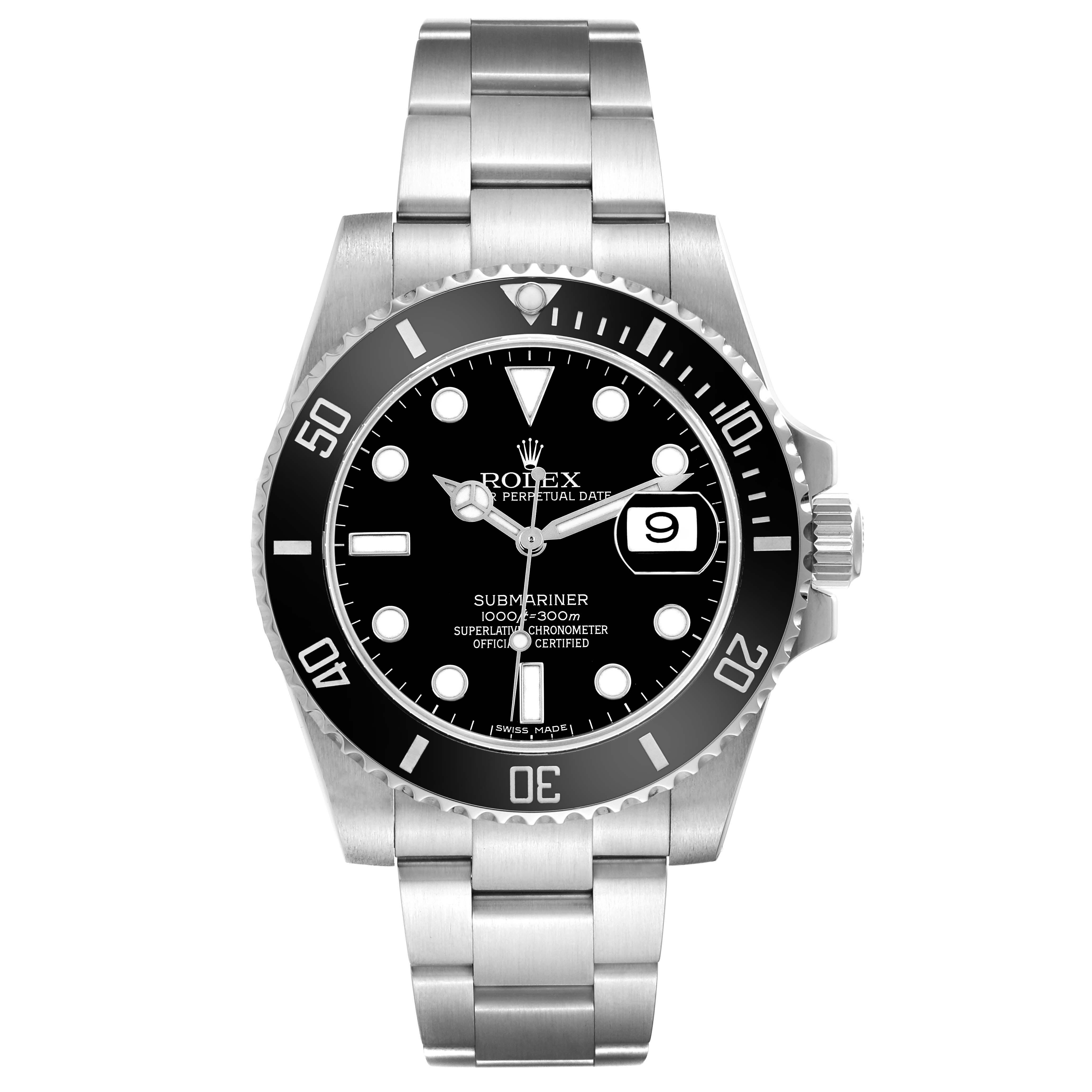The Rolex Submariner 116610 Men's Stainless Steel Black Dial 116610 Men's Stainless Steel Black Dial watch is shown from the front, displaying its dial, bezel, bracelet, and crown.