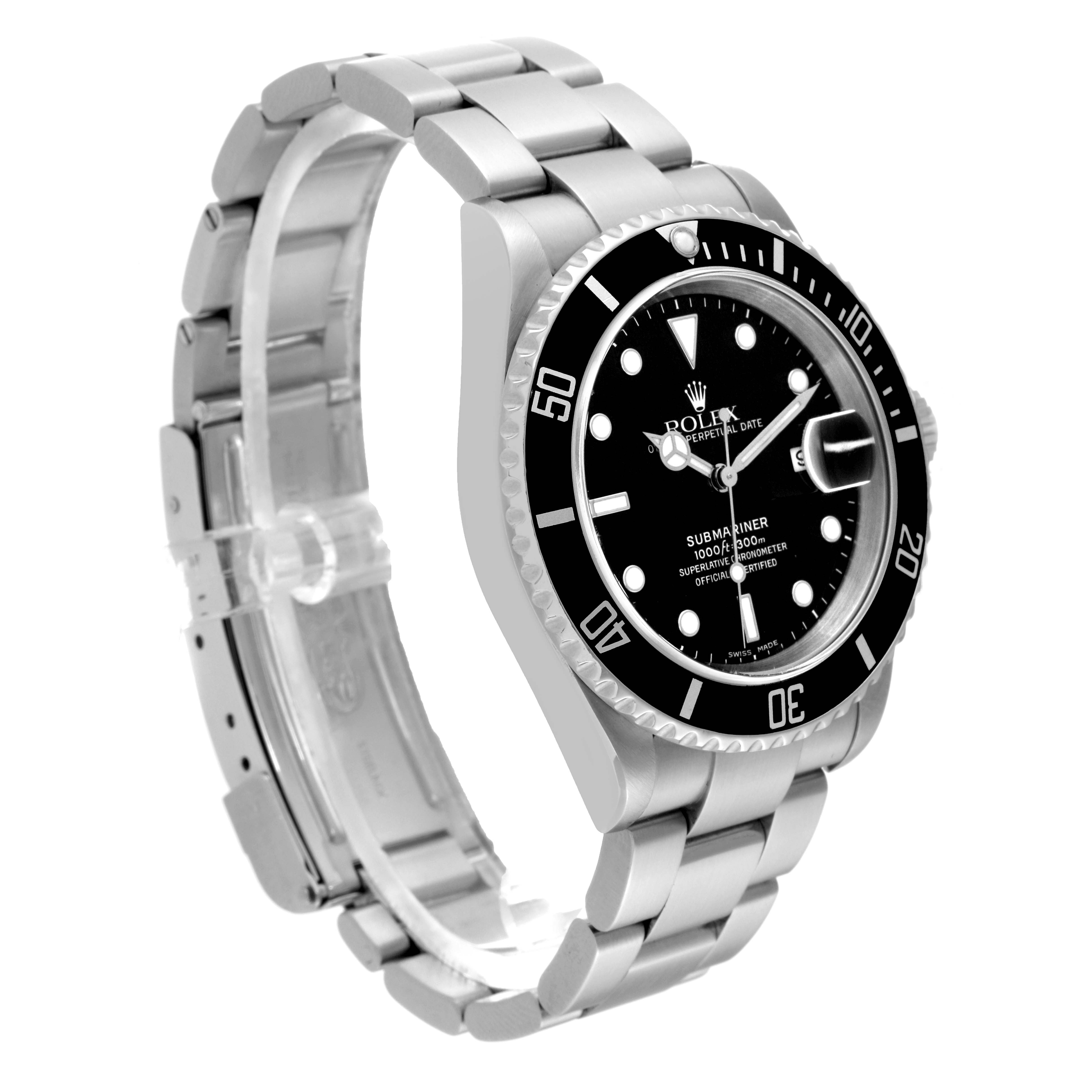 The image shows a three-quarter angle of the Rolex Submariner 16610 Men
s Stainless Steel Black Dial 16610 Men
s Stainless Steel Black Dial, highlighting its dial, bezel, and bracelet.