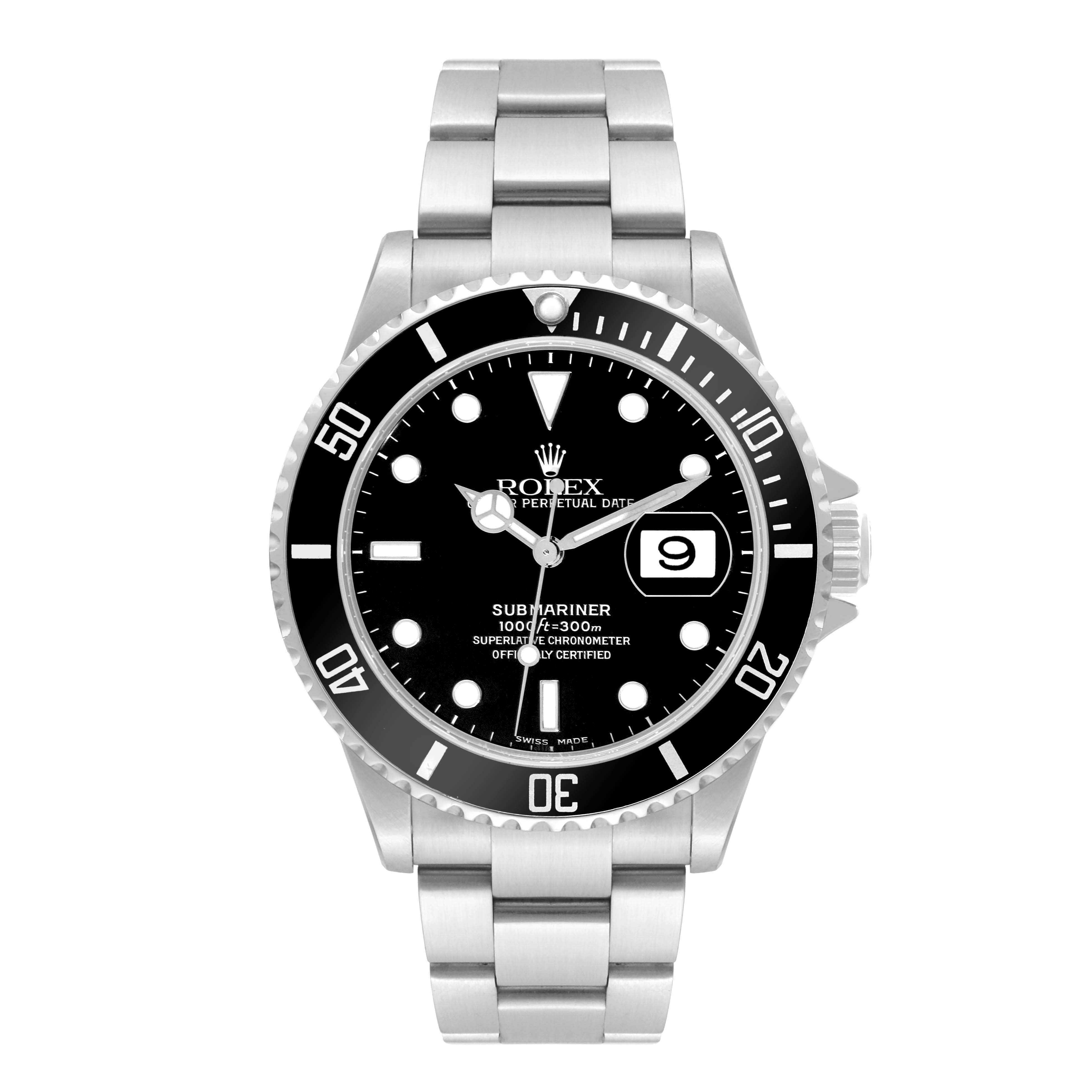 The image shows a front view of a Rolex Submariner 16610 Men
s Stainless Steel Black Dial 16610 Men
s Stainless Steel Black Dial watch, displaying its face, bezel, and stainless steel bracelet.