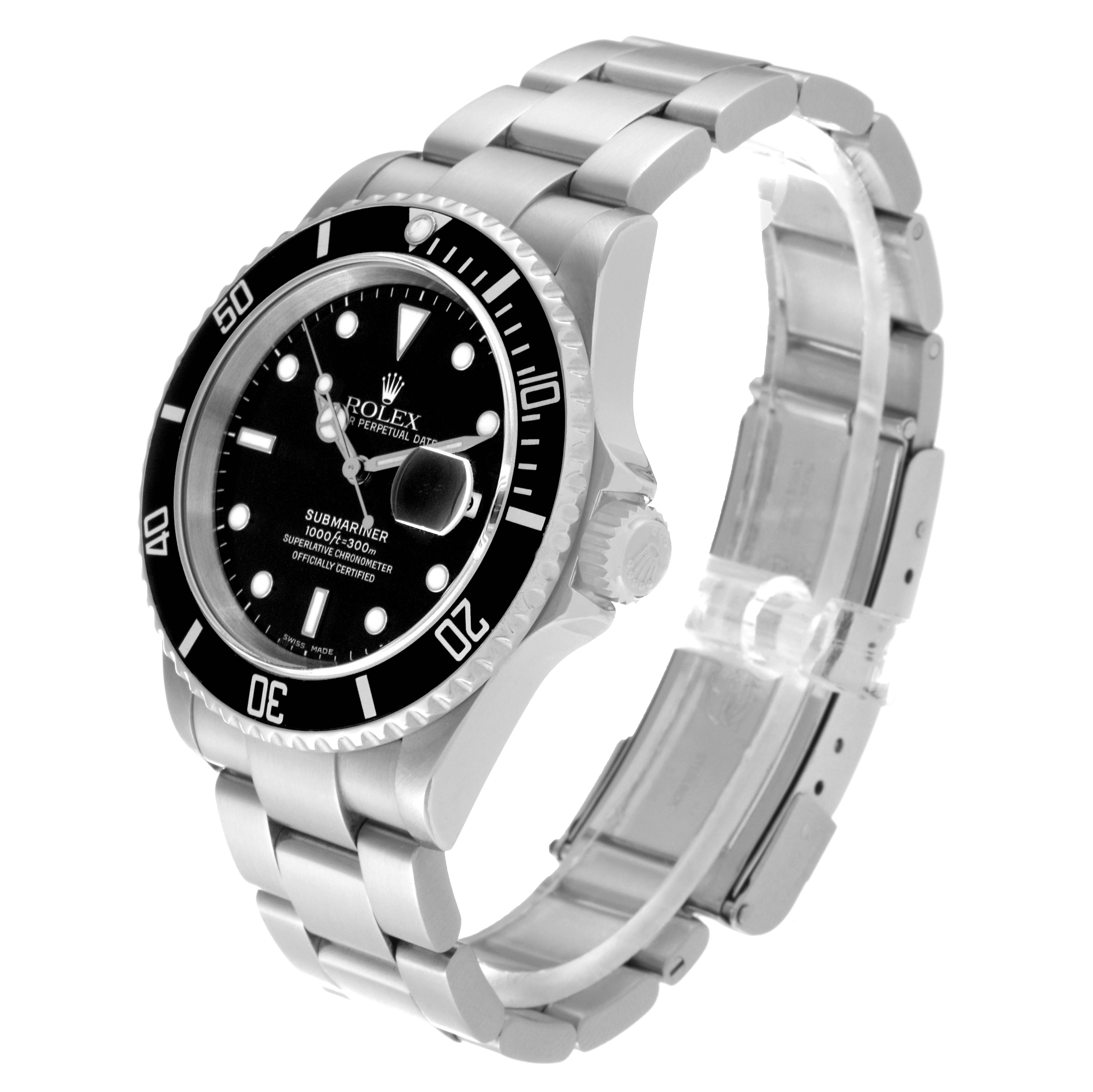 The image shows a Rolex Submariner 16610 Men
s Stainless Steel Black Dial 16610 Men
s Stainless Steel Black Dial watch at a three-quarter angle, highlighting the face, bezel, and stainless steel bracelet.