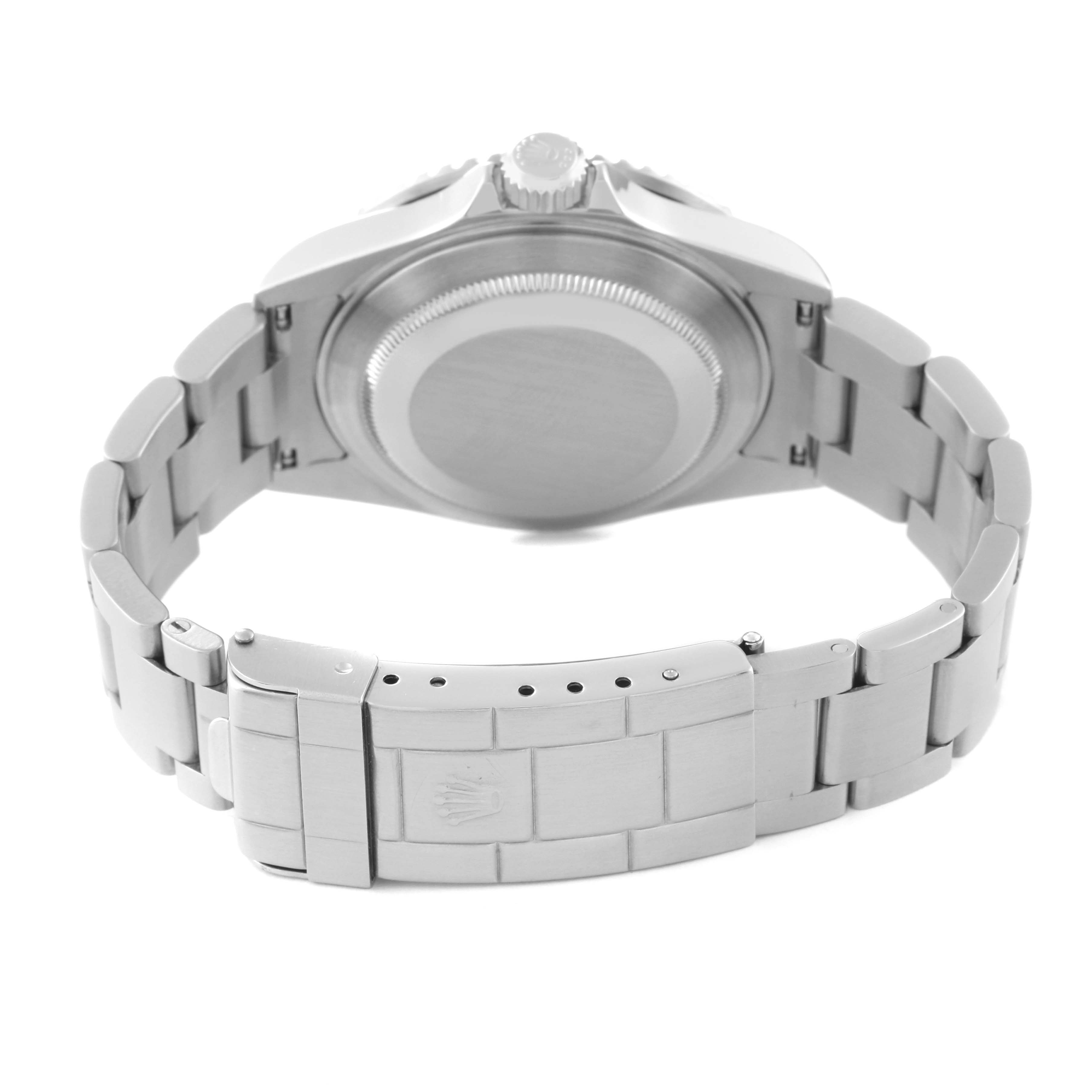 The image shows the back view of the Rolex Submariner 16610 Men
s Stainless Steel Black Dial 16610 Men
s Stainless Steel Black Dial watch, highlighting the closed clasp and case back.